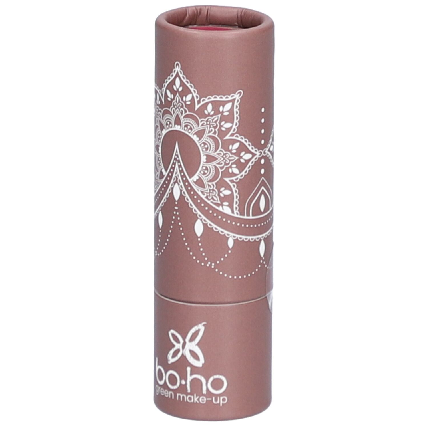 Emballage cylindrique rose-brun avec motif mandala blanc et logo. BOHO green make-up.