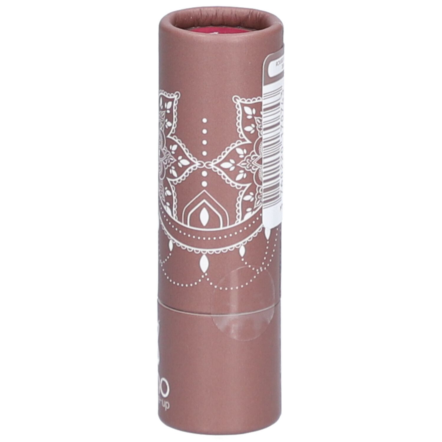 Emballage cylindrique rose-brun, motif mandala blanc, logo. BOHO green make-up. Code-barres.