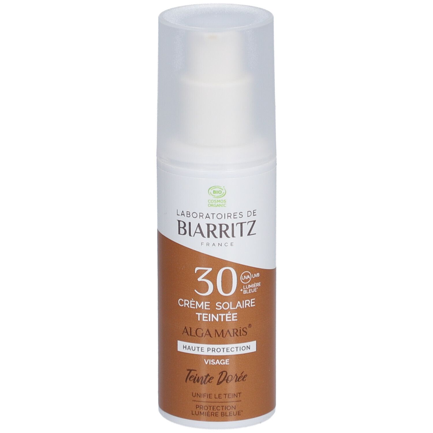 Zonnecrèmefles. Merk: LABORATOIRES DE BIARRITZ. Tekst: Crème Solaire Teintée 30, Alga Maris, Teinte Dorée.