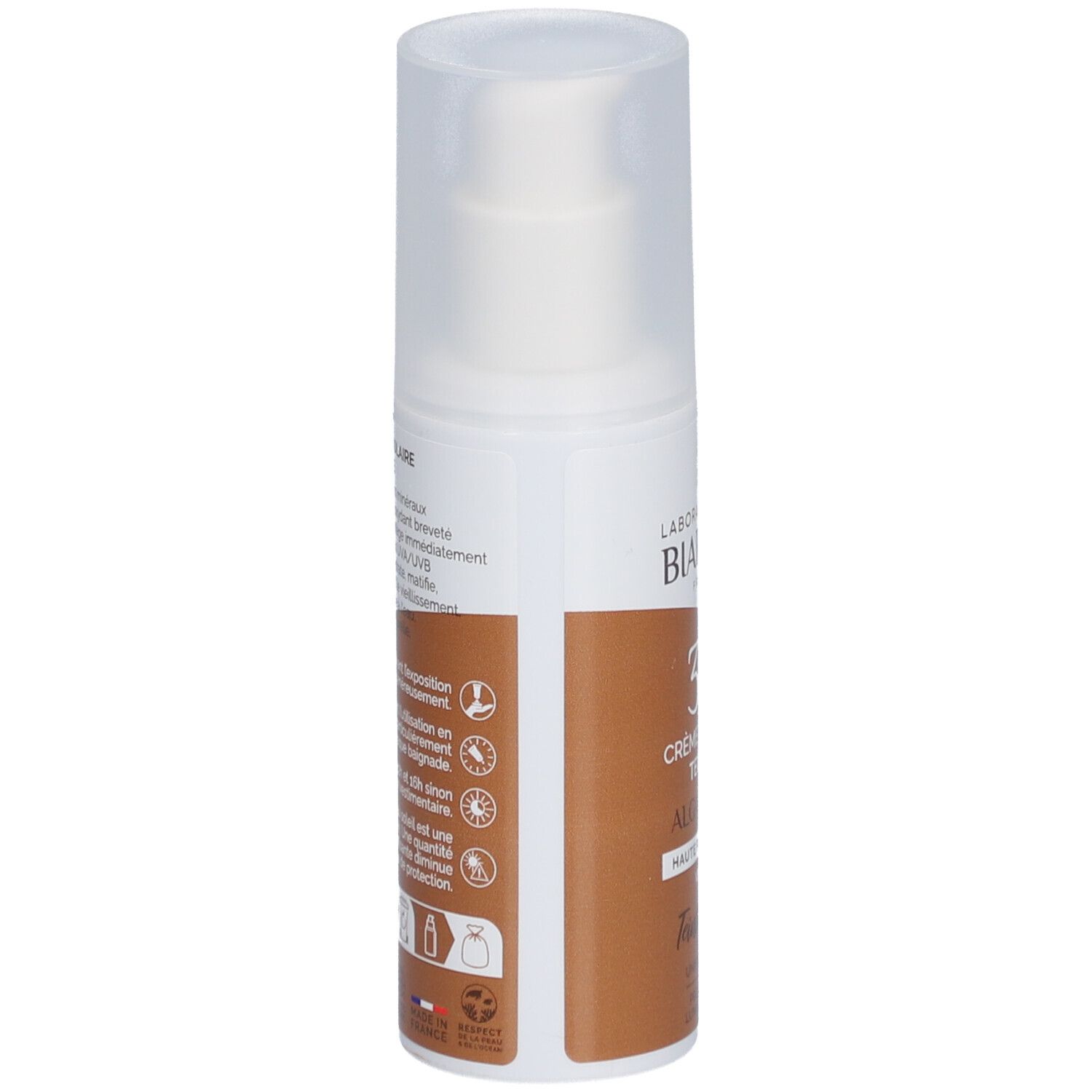Achterkant zonnecrèmefles. Merk: LABORATOIRES DE BIARRITZ. Tekst: Crème Solaire Teintée, Alga Maris.