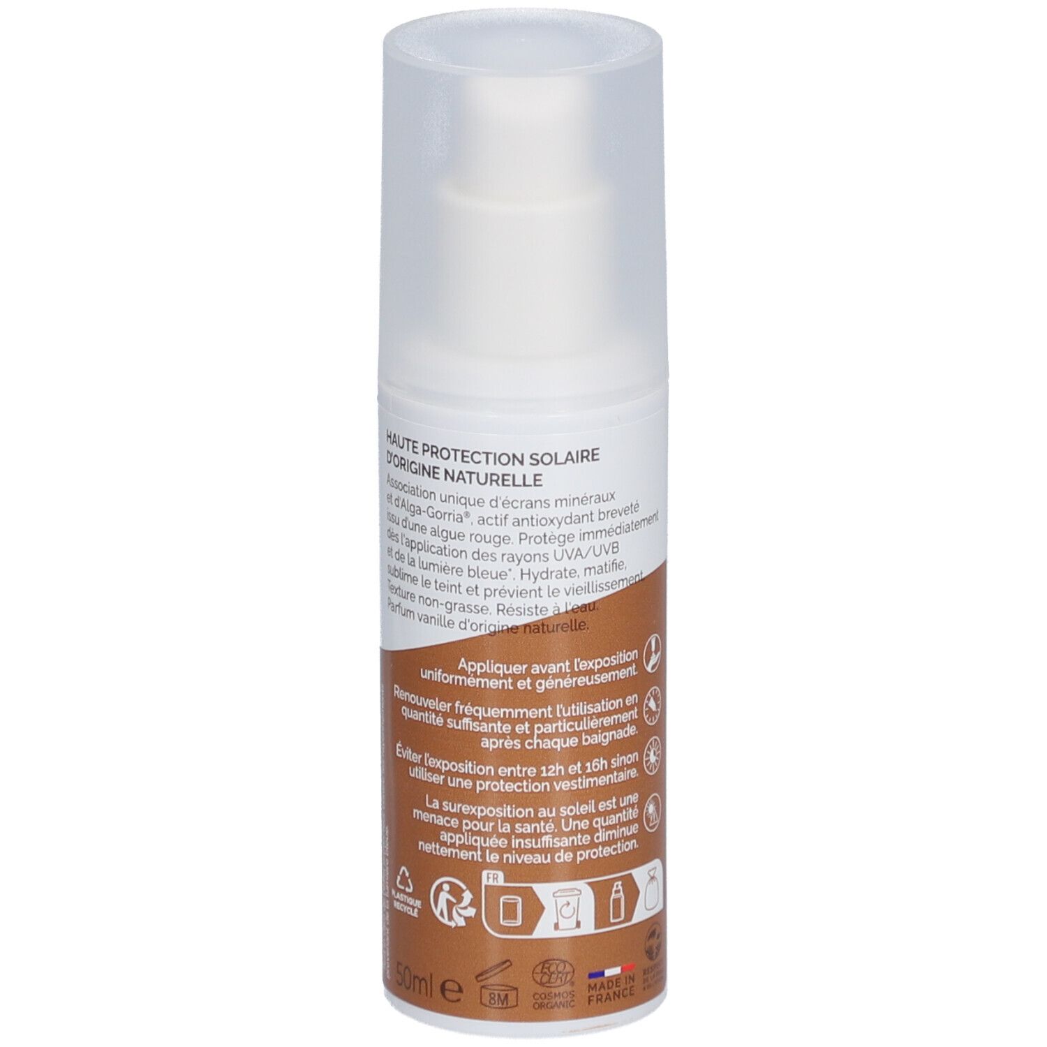 Achterkant zonnecrèmefles. Merk: LABORATOIRES DE BIARRITZ. Tekst: Crème Solaire Teintée, Alga Maris.