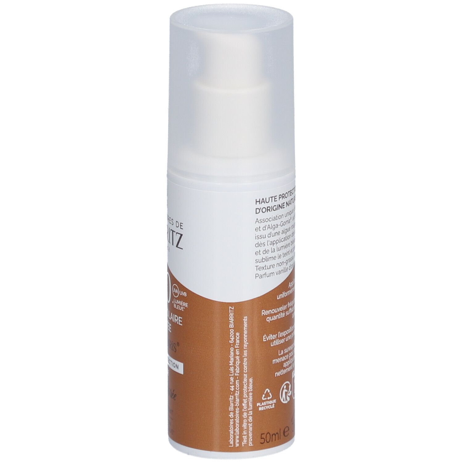 Achterkant zonnecrèmefles. Merk: LABORATOIRES DE BIARRITZ. Tekst: Crème Solaire Teintée, Alga Maris.