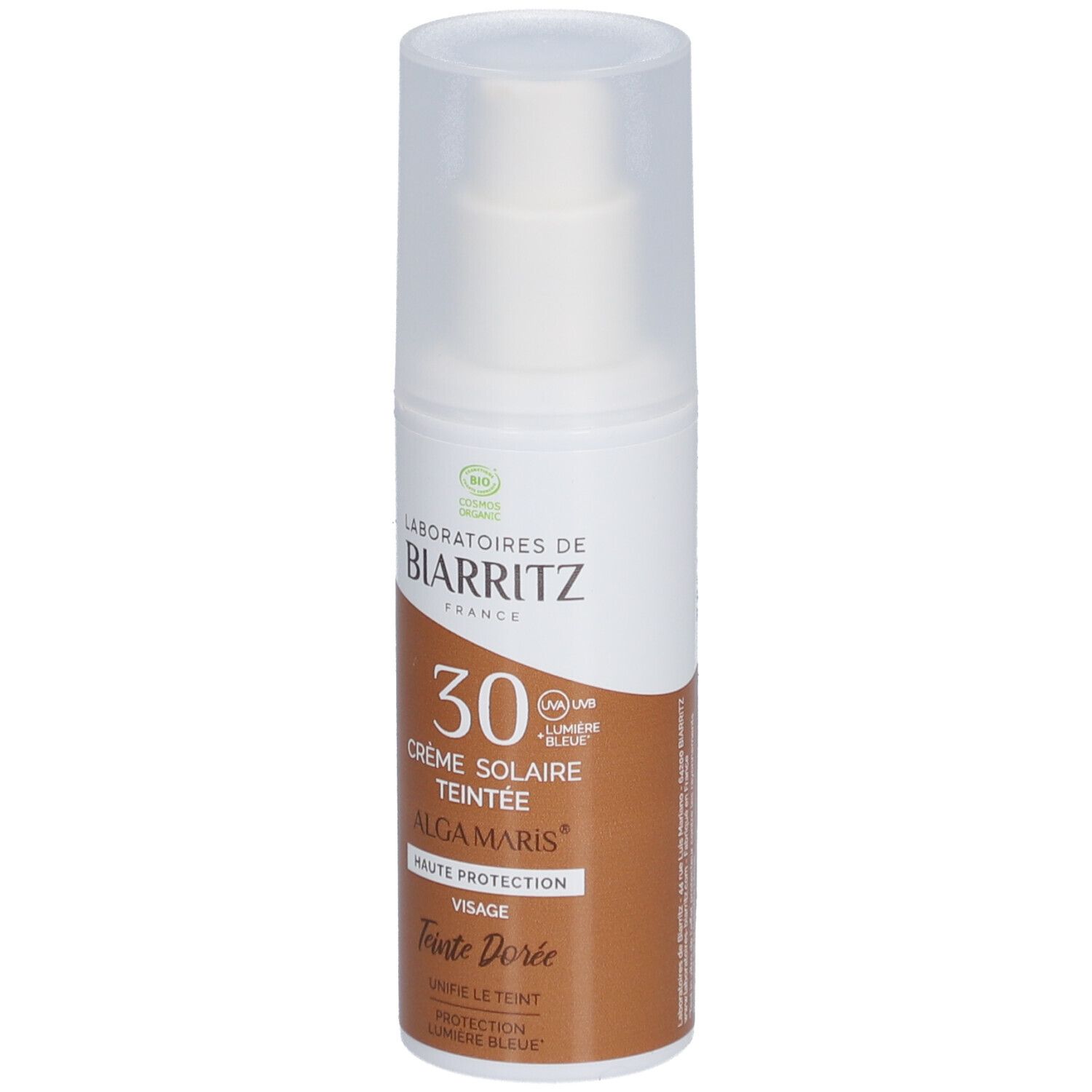 Zonnecrèmefles. Merk: LABORATOIRES DE BIARRITZ. Tekst: Crème Solaire Teintée 30, Alga Maris, Teinte Dorée.