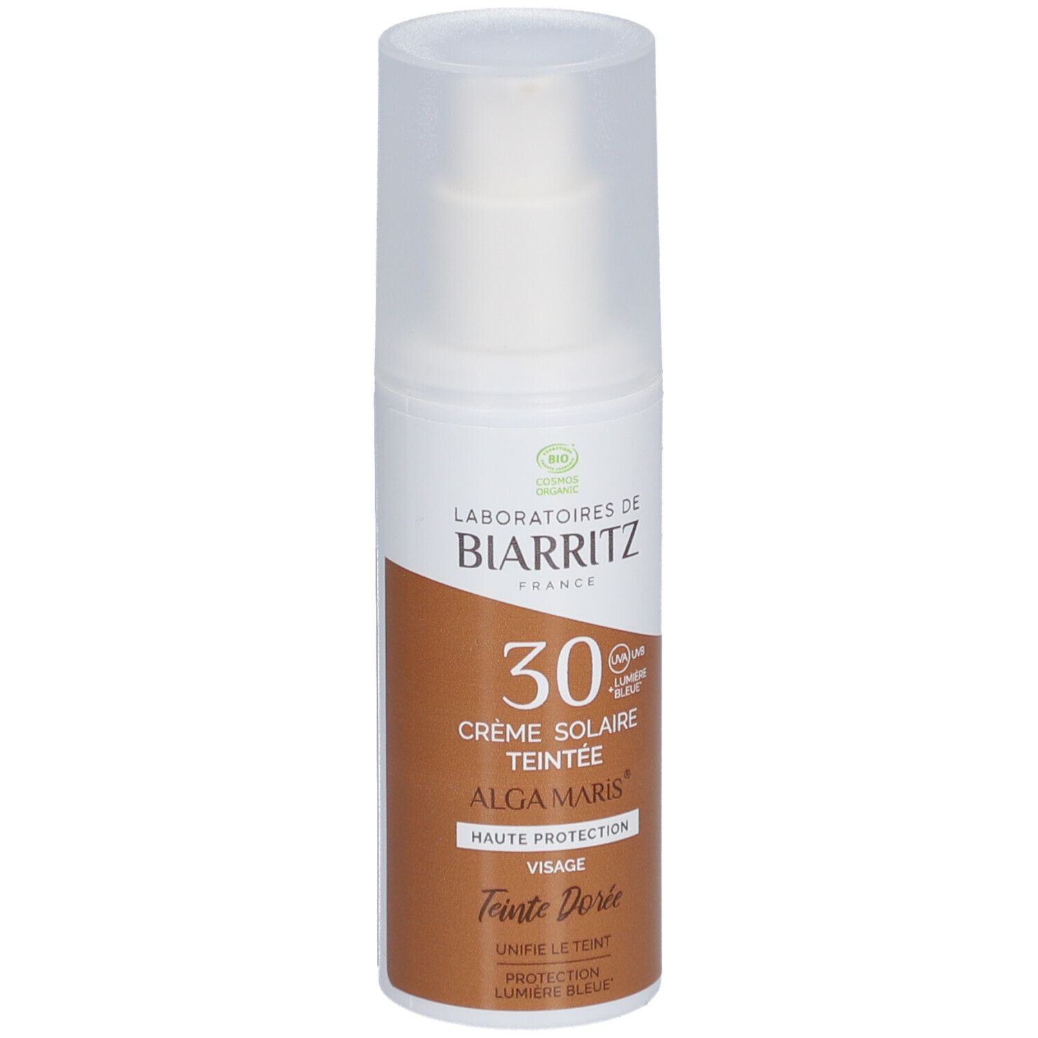 Zonnecrèmefles. Merk: LABORATOIRES DE BIARRITZ. Tekst: Crème Solaire Teintée 30, Alga Maris, Teinte Dorée.