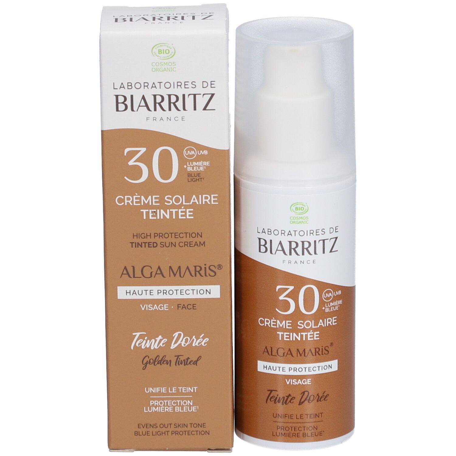 Zonnecrèmefles en verpakking. Merk: LABORATOIRES DE BIARRITZ. Tekst: Crème Solaire Teintée 30, Alga Maris.