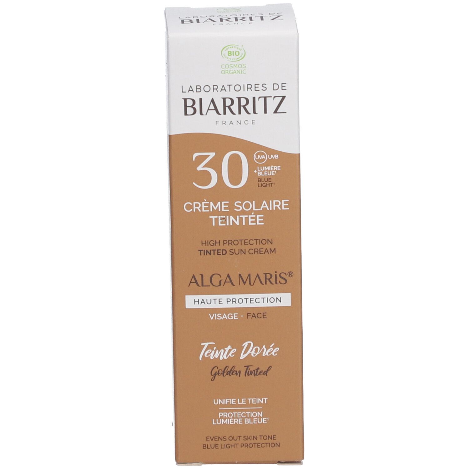 Zonnecrème verpakking. Merk: LABORATOIRES DE BIARRITZ. Tekst: Crème Solaire Teintée 30, Alga Maris, Teinte Dorée.