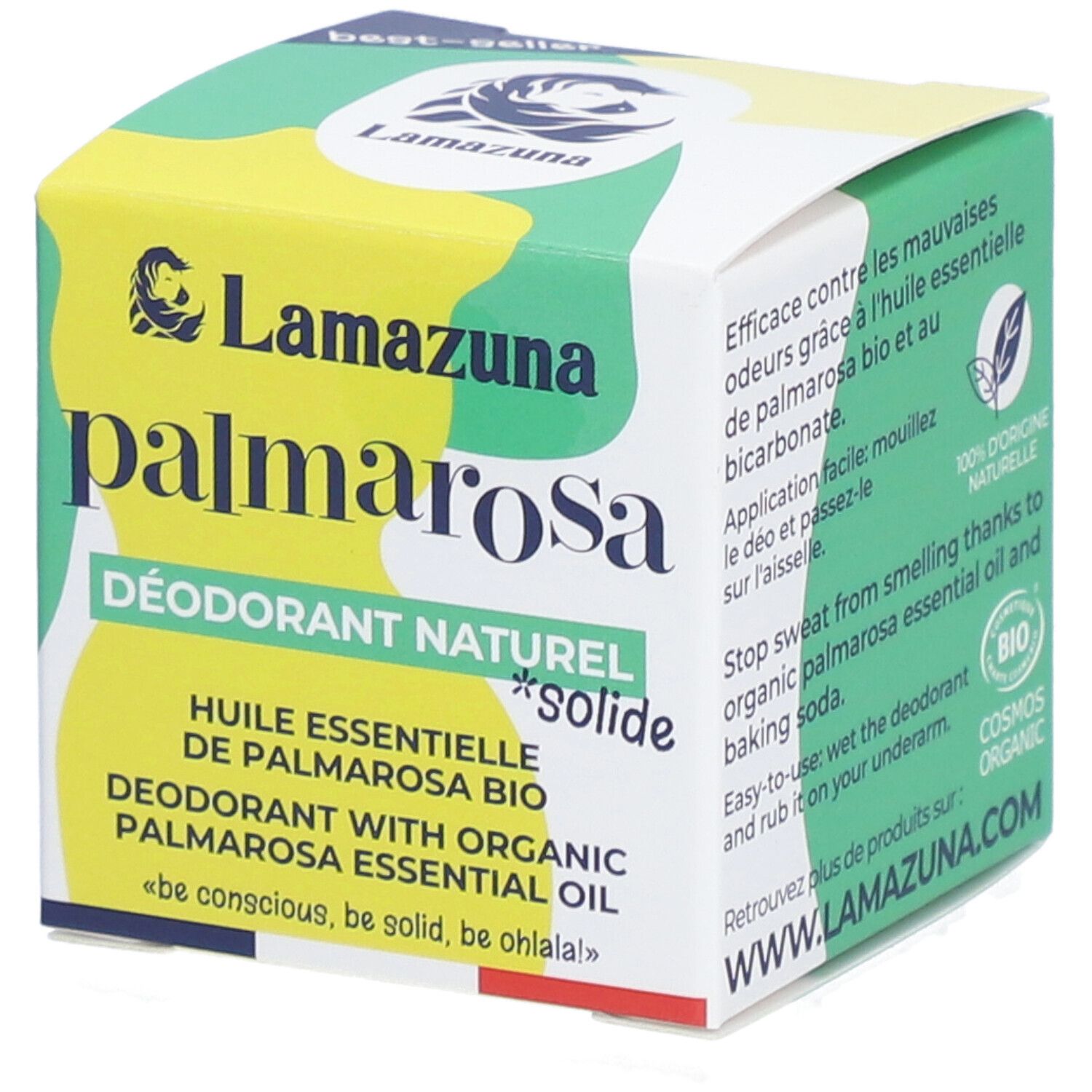 Boîte verte et jaune. Inscriptions: DÉODORANT NATUREL *solide*, huile essentielle de palmarosa bio. Logo Cosmos Organic.