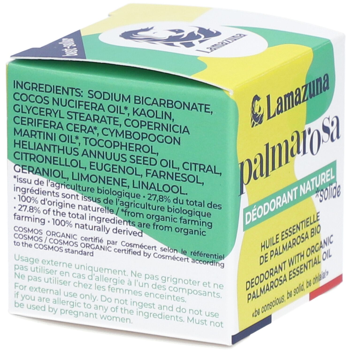 Boîte avec liste d'ingrédients: Sodium Bicarbonate, Cocos Nucifera Oil, Kaolin, etc. Certification Cosmos Organic.