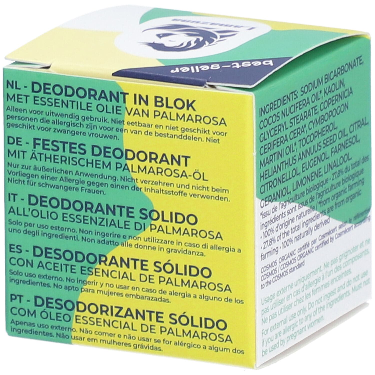 Boîte avec texte multilingue. Contient: NL, DE, IT, ES, PT. Texte: Déodorant en bloc, déodorant solide, etc.