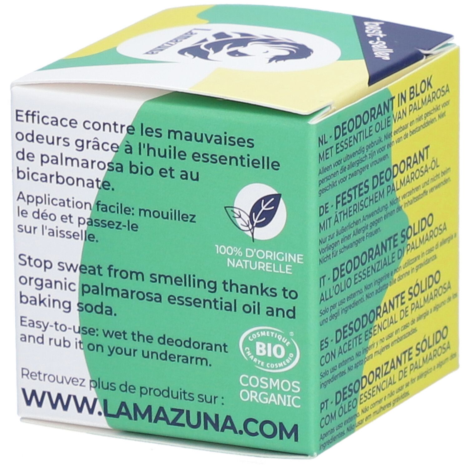 Boîte avec texte et logo. Texte: 100% d'origine naturelle, Cosmos Organic. Instructions d'utilisation en français.
