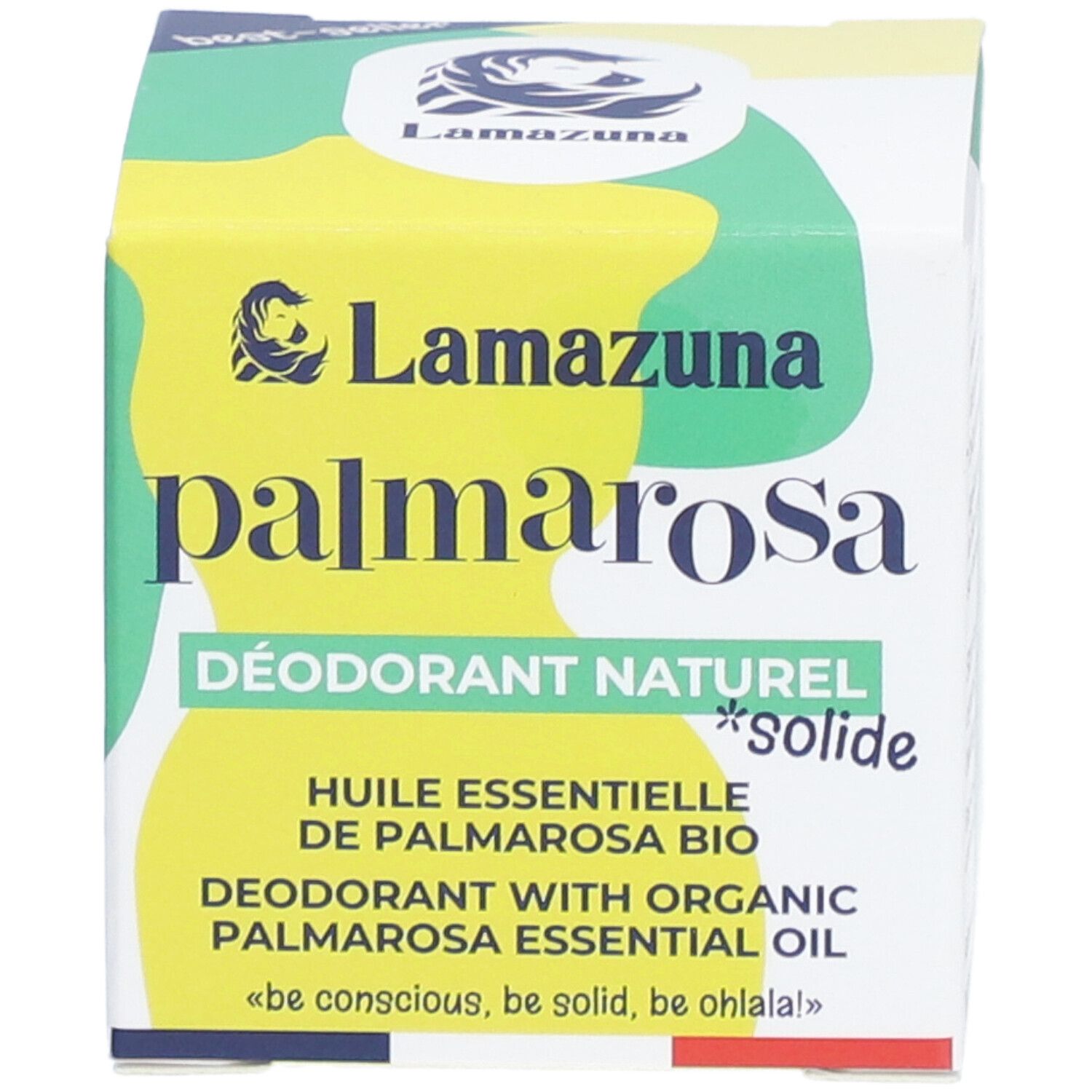 Boîte verte et jaune. Inscriptions: palmarosa, DÉODORANT NATUREL *solide*, huile essentielle de palmarosa bio.