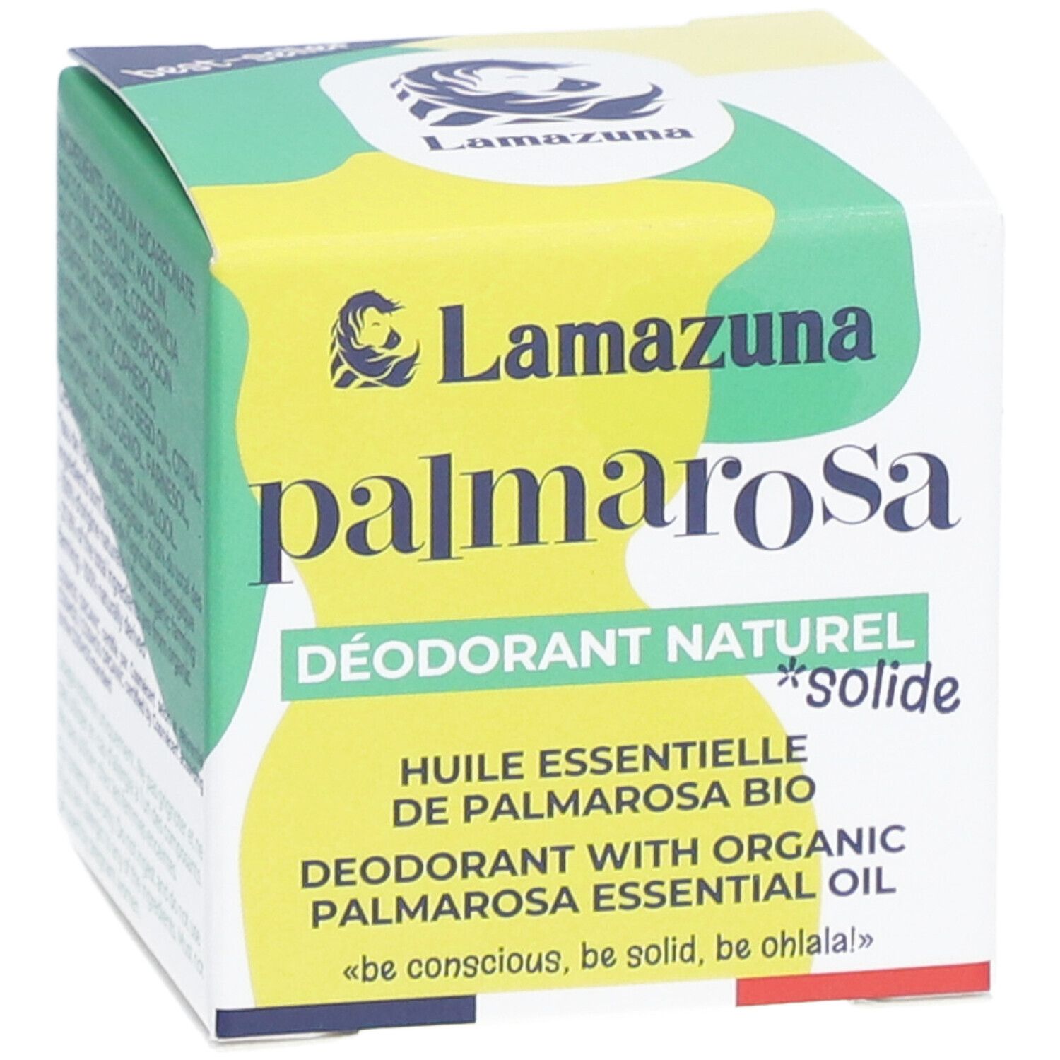 Boîte verte et jaune. Inscriptions: palmarosa, DÉODORANT NATUREL *solide*, huile essentielle de palmarosa bio.
