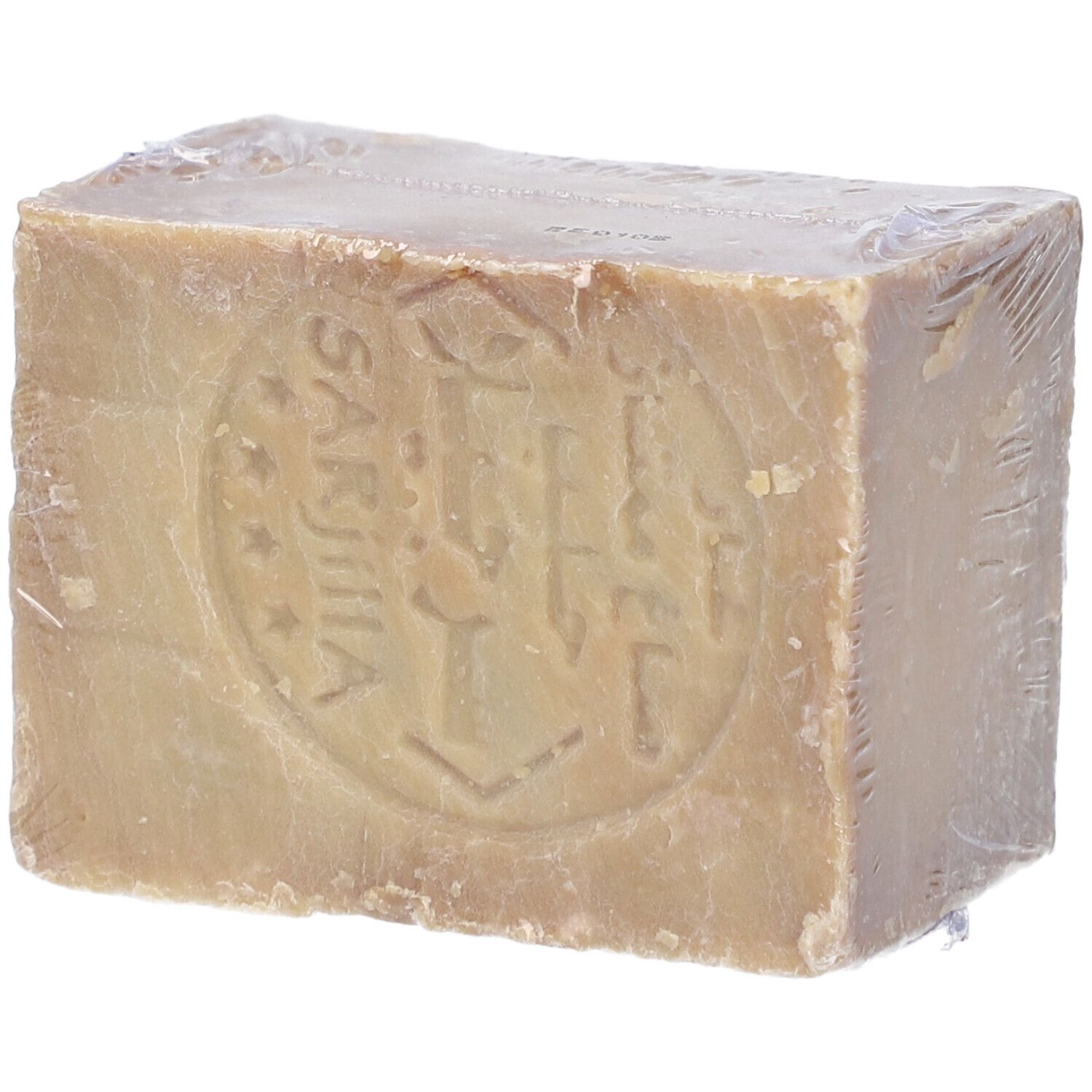 Savon brun rectangulaire, emballé. Estampillé de caractères arabes et d'une étoile.