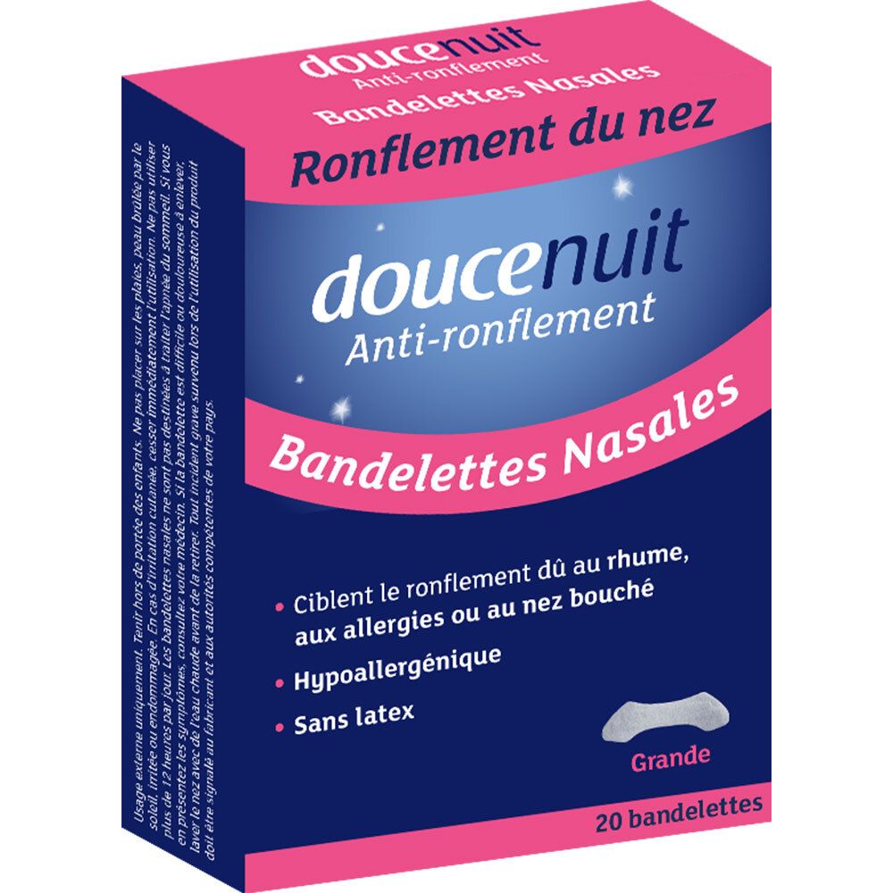 Roze en witte doos met productnaam en beschrijving. Bevat 20 neusstrips. Hypoallergeen, latexvrij.