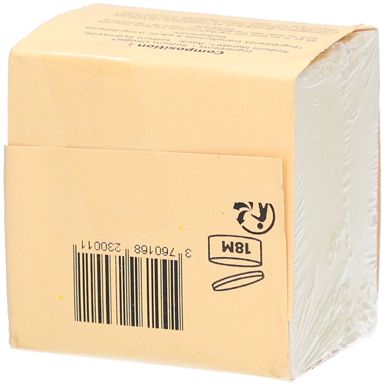 Verpakte zeep. Barcode, 18M-symbool. Achterkant met informatie.