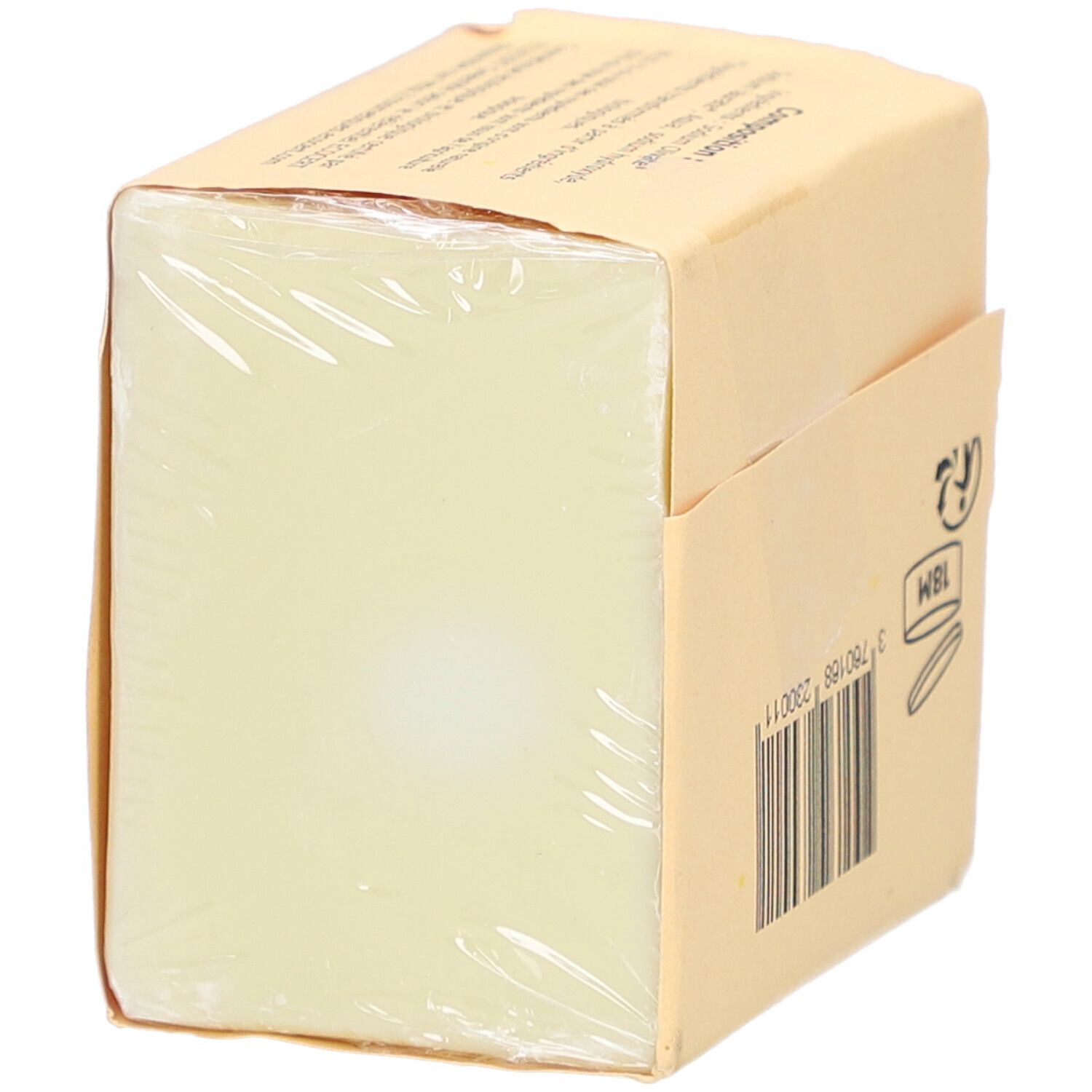 Verpakte zeep. Barcode, 18M-symbool. Achterkant met informatie.