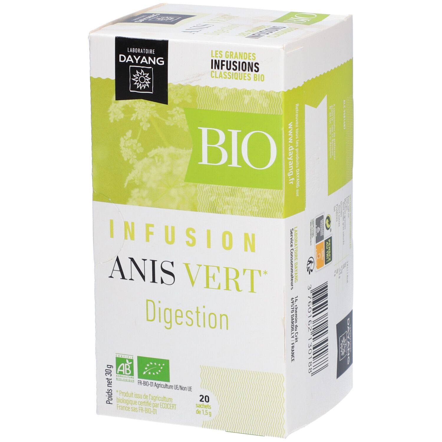 Witte doos met groene accenten. Opschrift BIO Anis Vert, Digestion. Labels AB, 20 zakjes, 30g. Merk DAYANG.