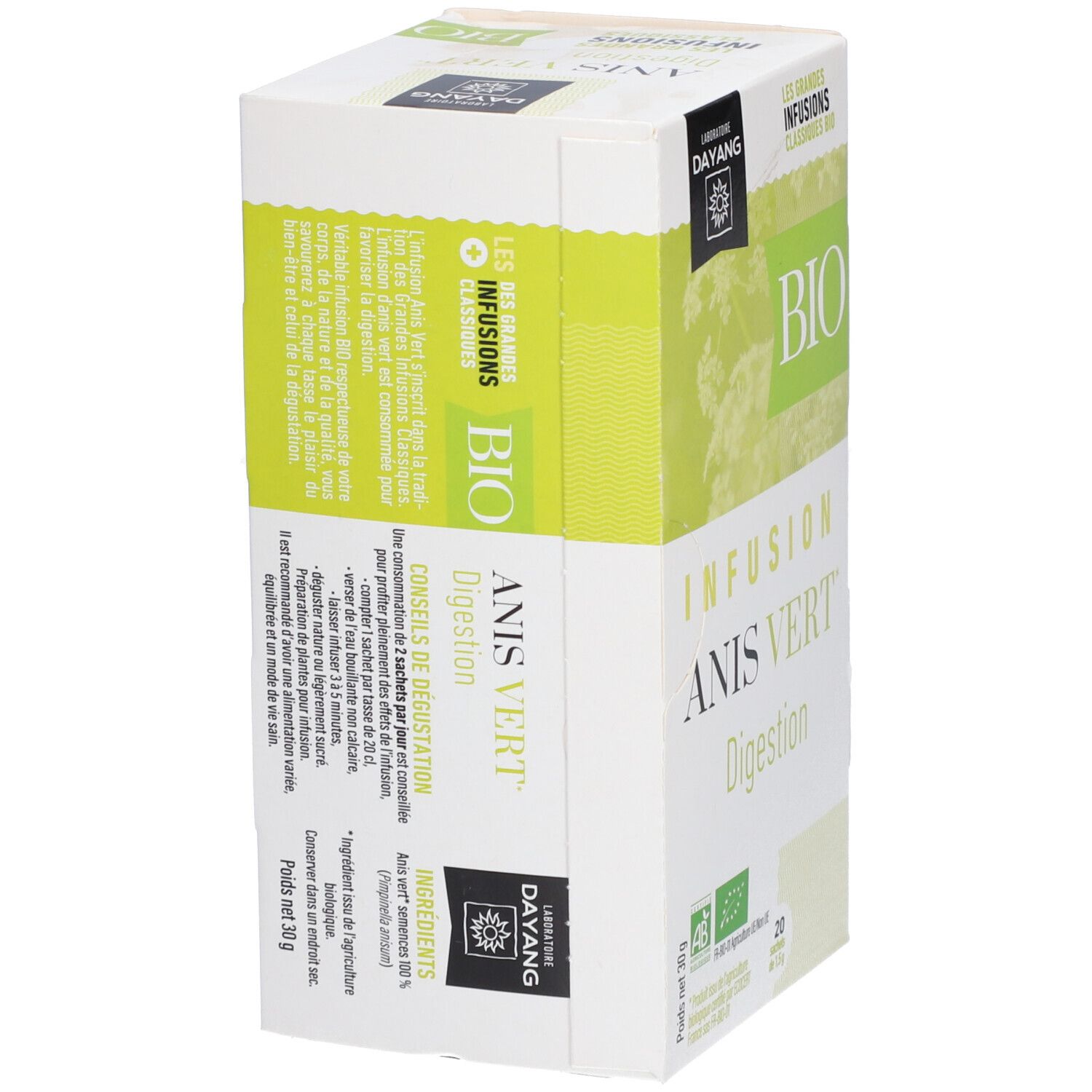 Witte doos met groene accenten. Opschrift BIO Anis Vert, Digestion. Merk DAYANG. Tekst en ingrediënten.