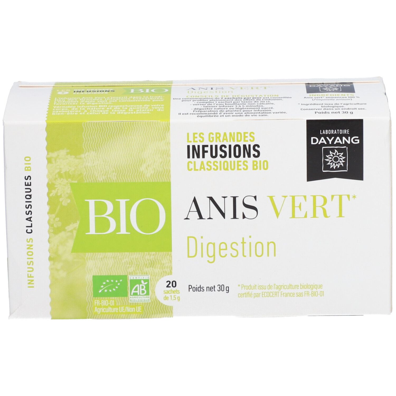 Witte doos met groene accenten. Opschrift BIO Anis Vert, Digestion. Labels AB, 20 zakjes, 30g. Merk DAYANG.