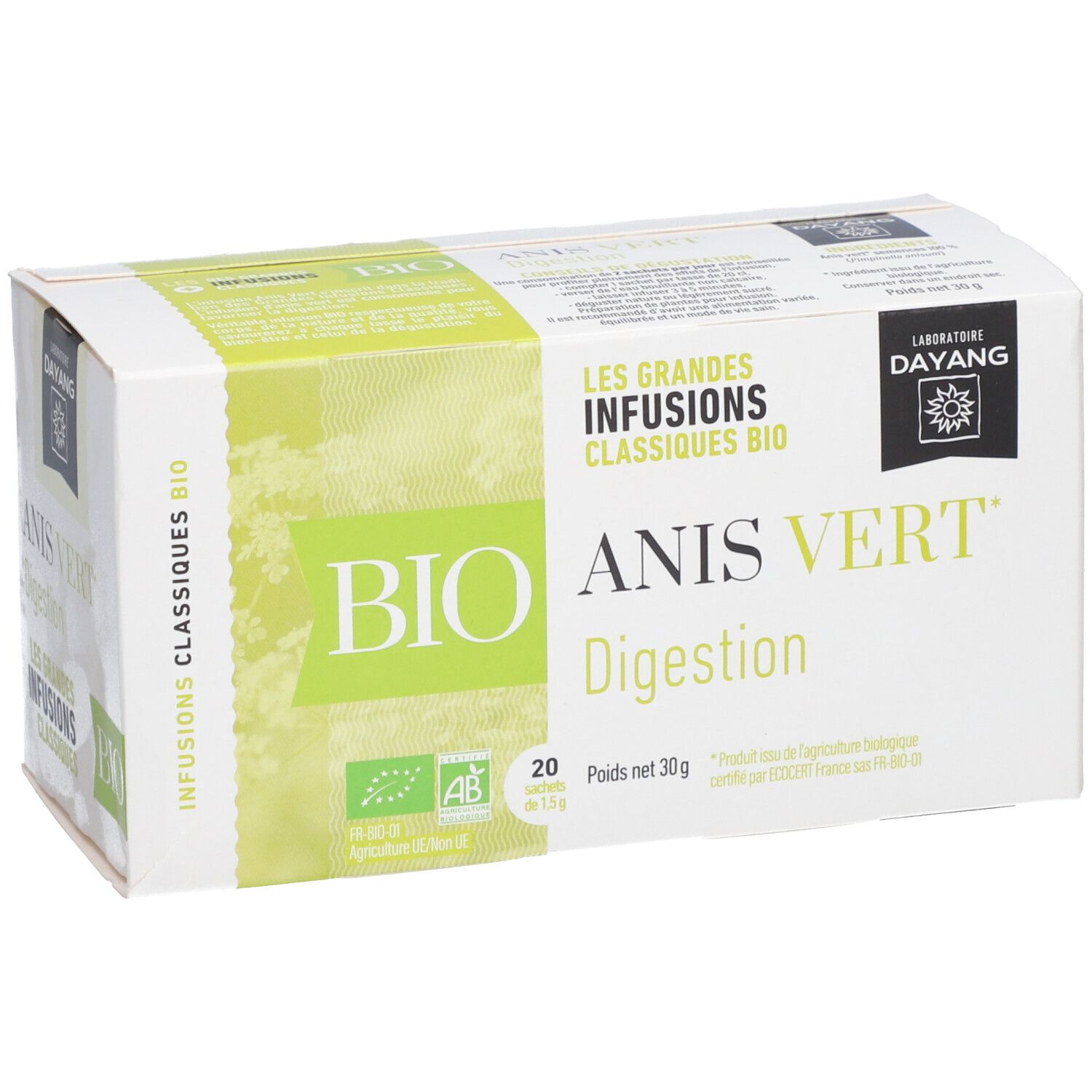Witte doos met groene accenten. Opschrift BIO Anis Vert, Digestion. Labels AB, 20 zakjes, 30g. Merk DAYANG.