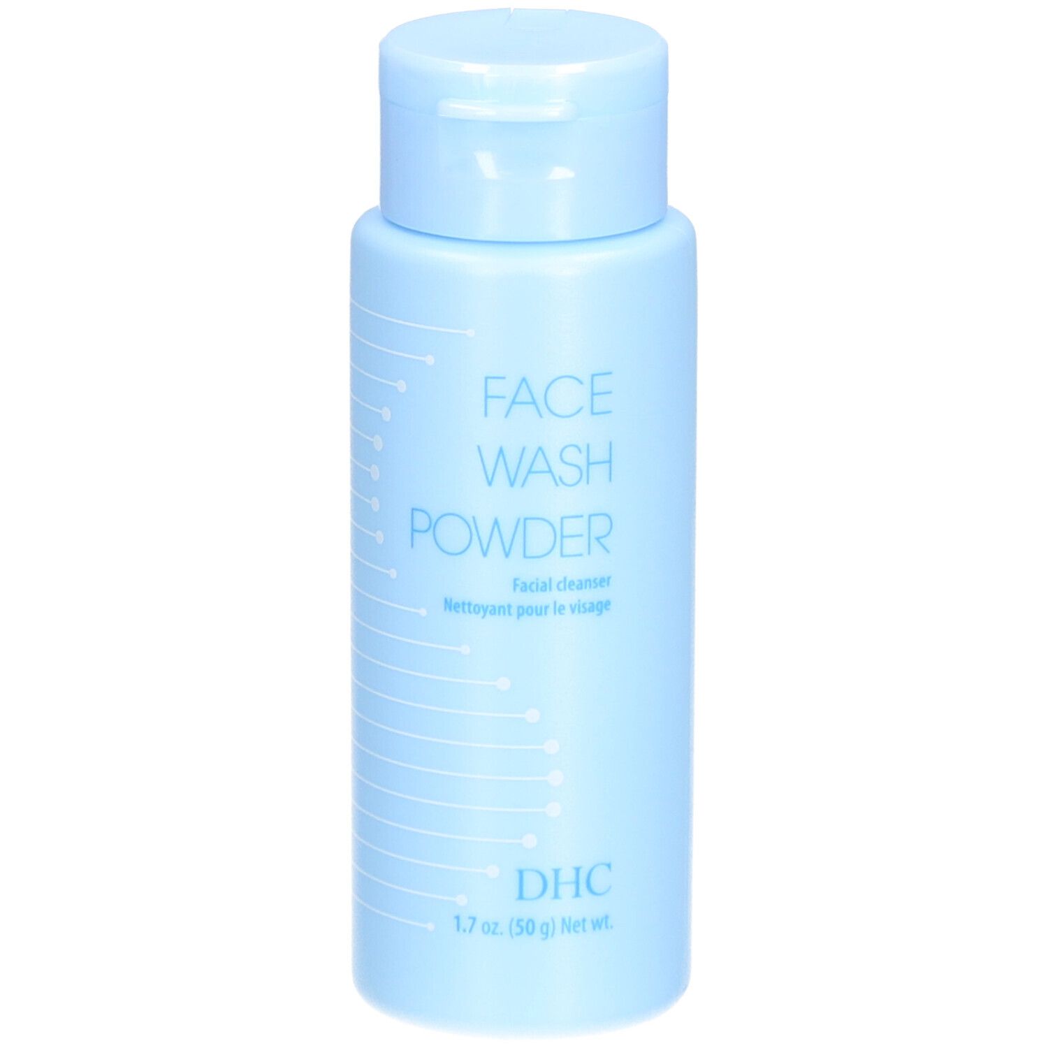 Flacon bleu clair avec bouchon rabattable. Inscription : FACE WASH POWDER, DHC. 1.7 oz. (50 g) Net wt.