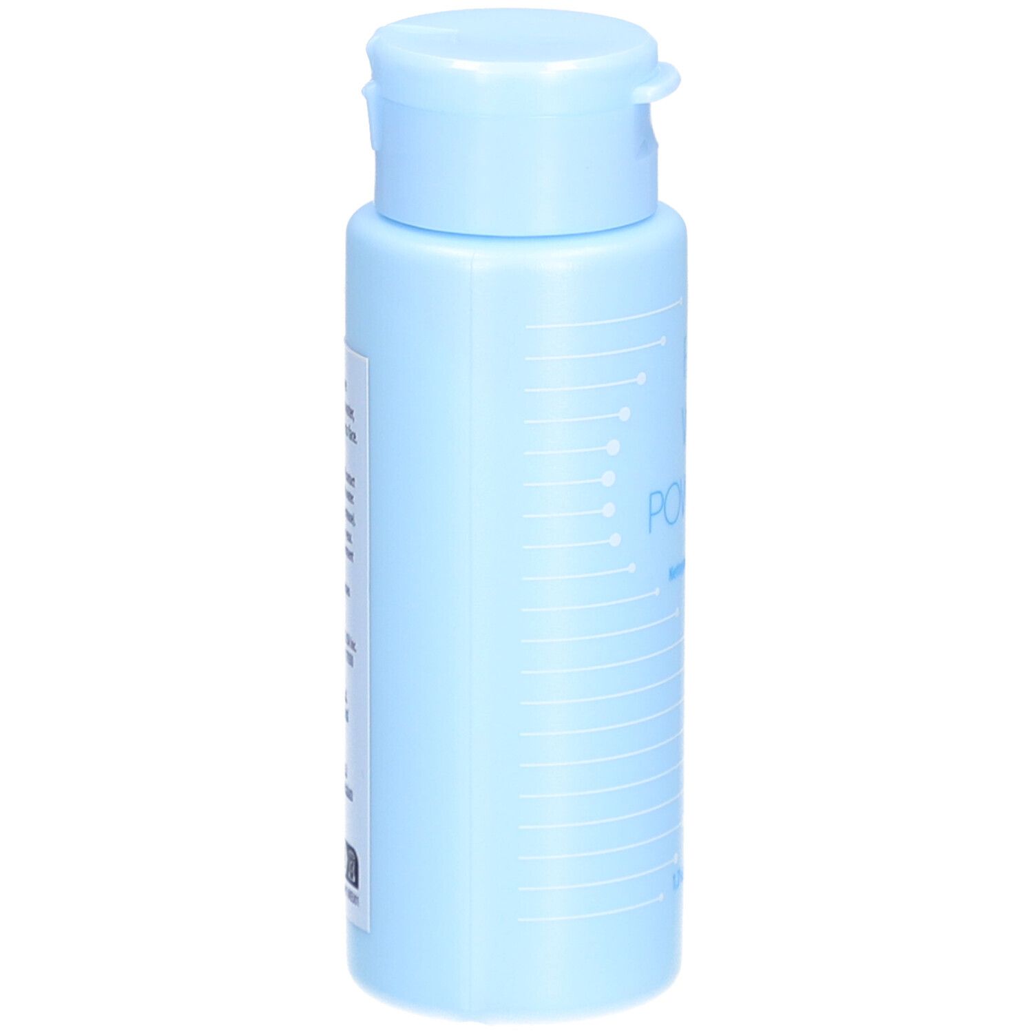 Flacon bleu clair avec bouchon rabattable. Pas d'inscription sur le côté. Vue verticale.
