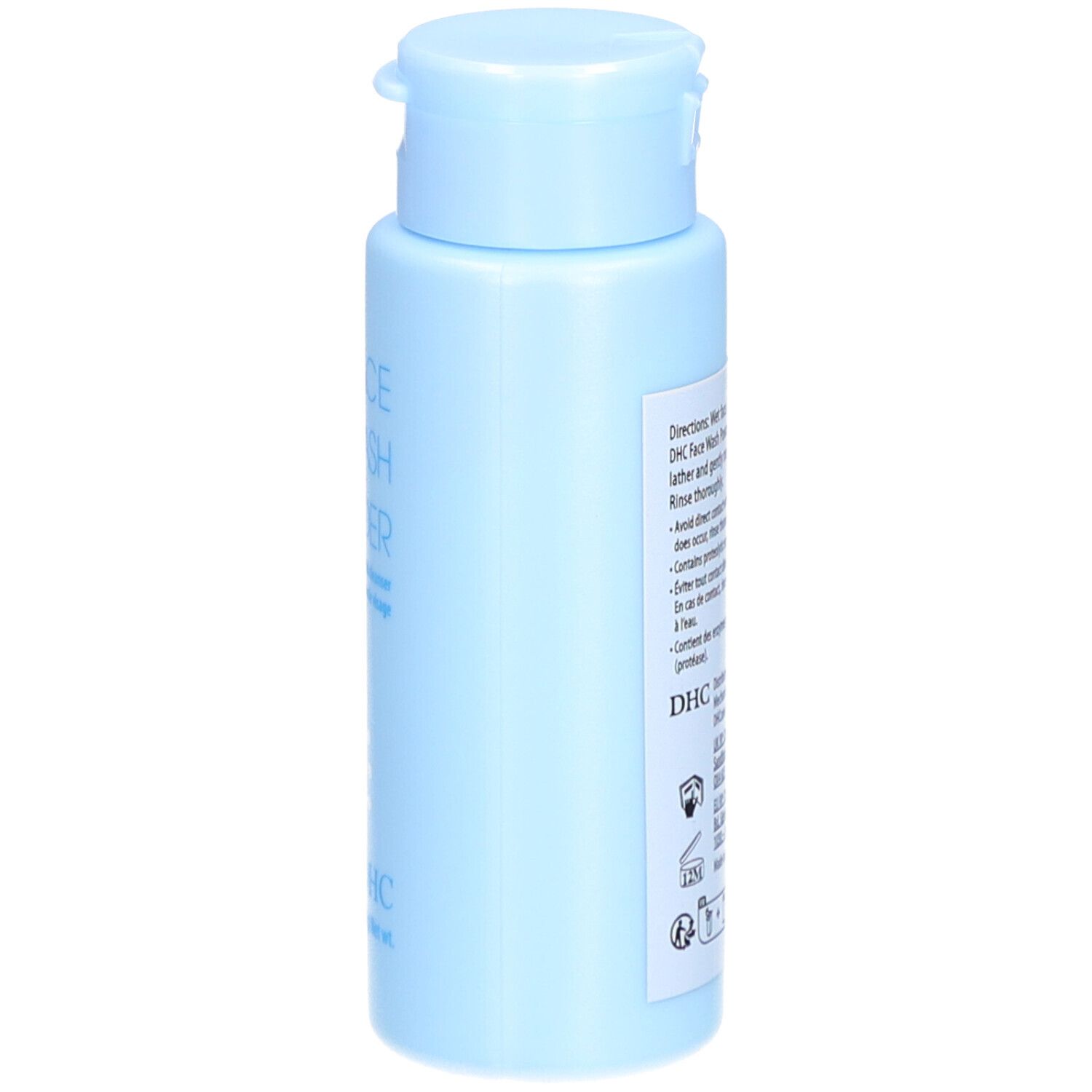 Flacon bleu clair avec bouchon rabattable. Texte latéral : FACE WASH POWDER, DHC. Vue verticale.