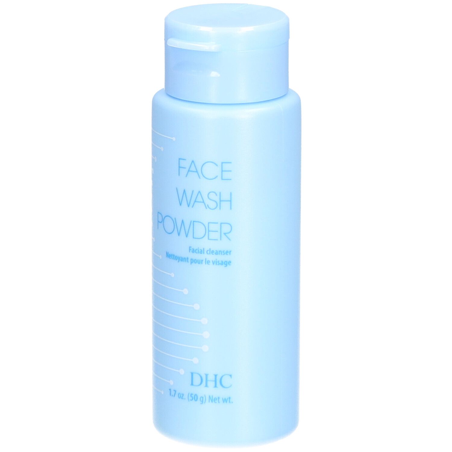 Flacon bleu clair avec bouchon rabattable. Inscription : FACE WASH POWDER, DHC. 1.7 oz. (50 g) Net wt.