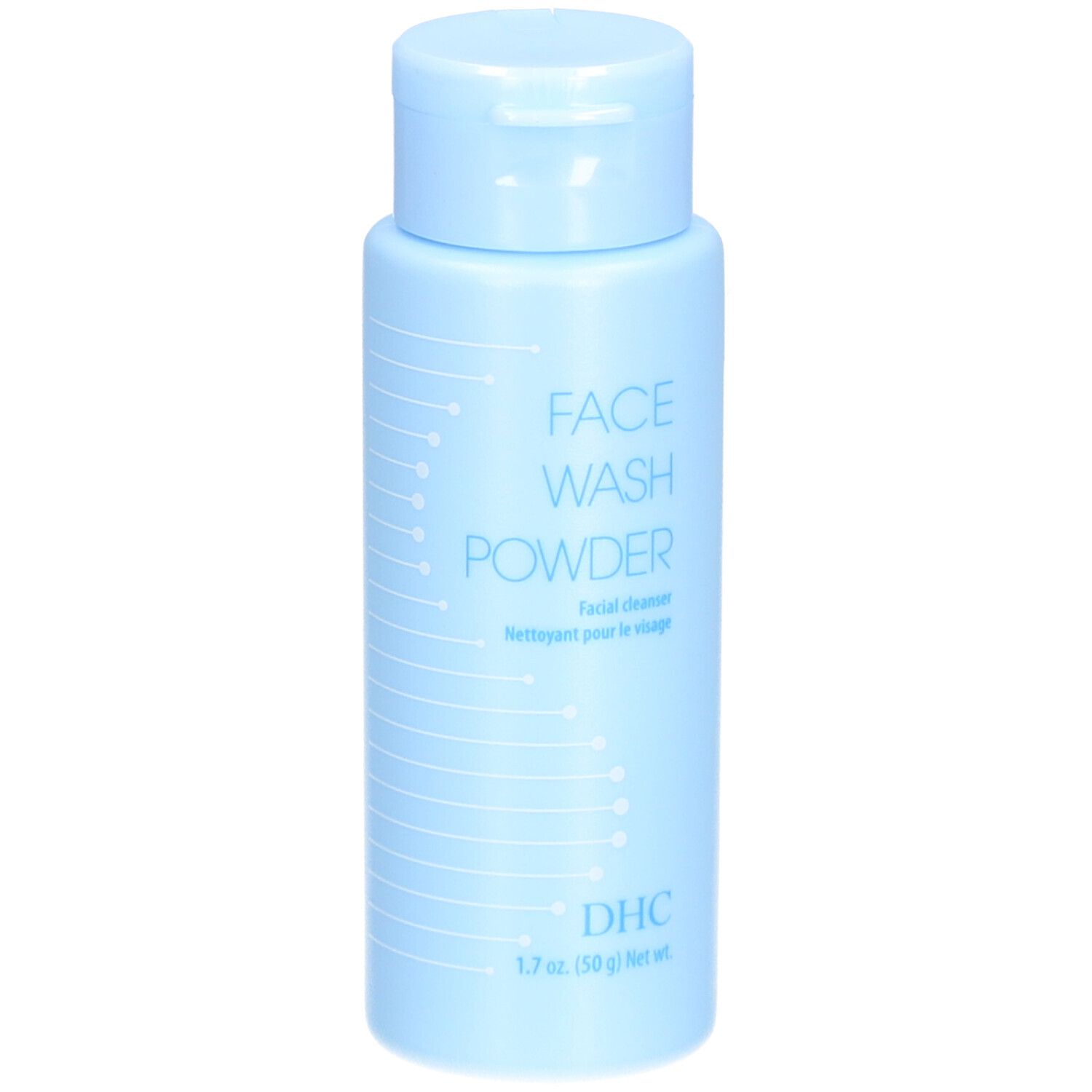 Flacon bleu clair avec bouchon rabattable. Inscription : FACE WASH POWDER, DHC. 1.7 oz. (50 g) Net wt.