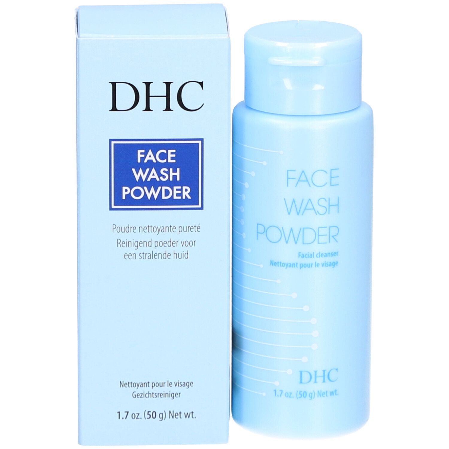 Flacon et boîte bleus clairs. Inscription : DHC, FACE WASH POWDER. 1.7 oz. (50 g) Net wt. Emballage du produit.