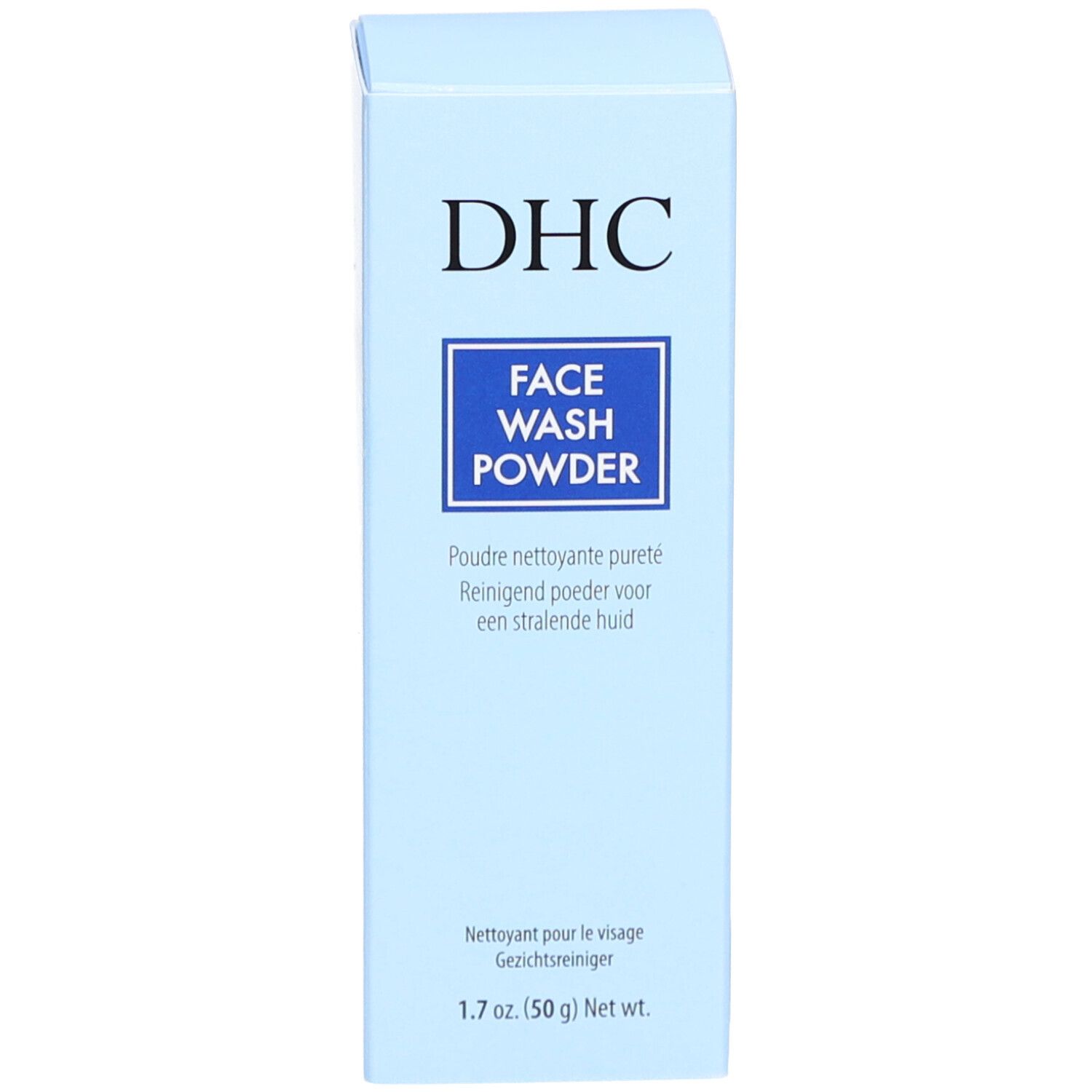 Boîte bleu clair. Inscription : DHC, FACE WASH POWDER. 1.7 oz. (50 g) Net wt. Emballage du produit.