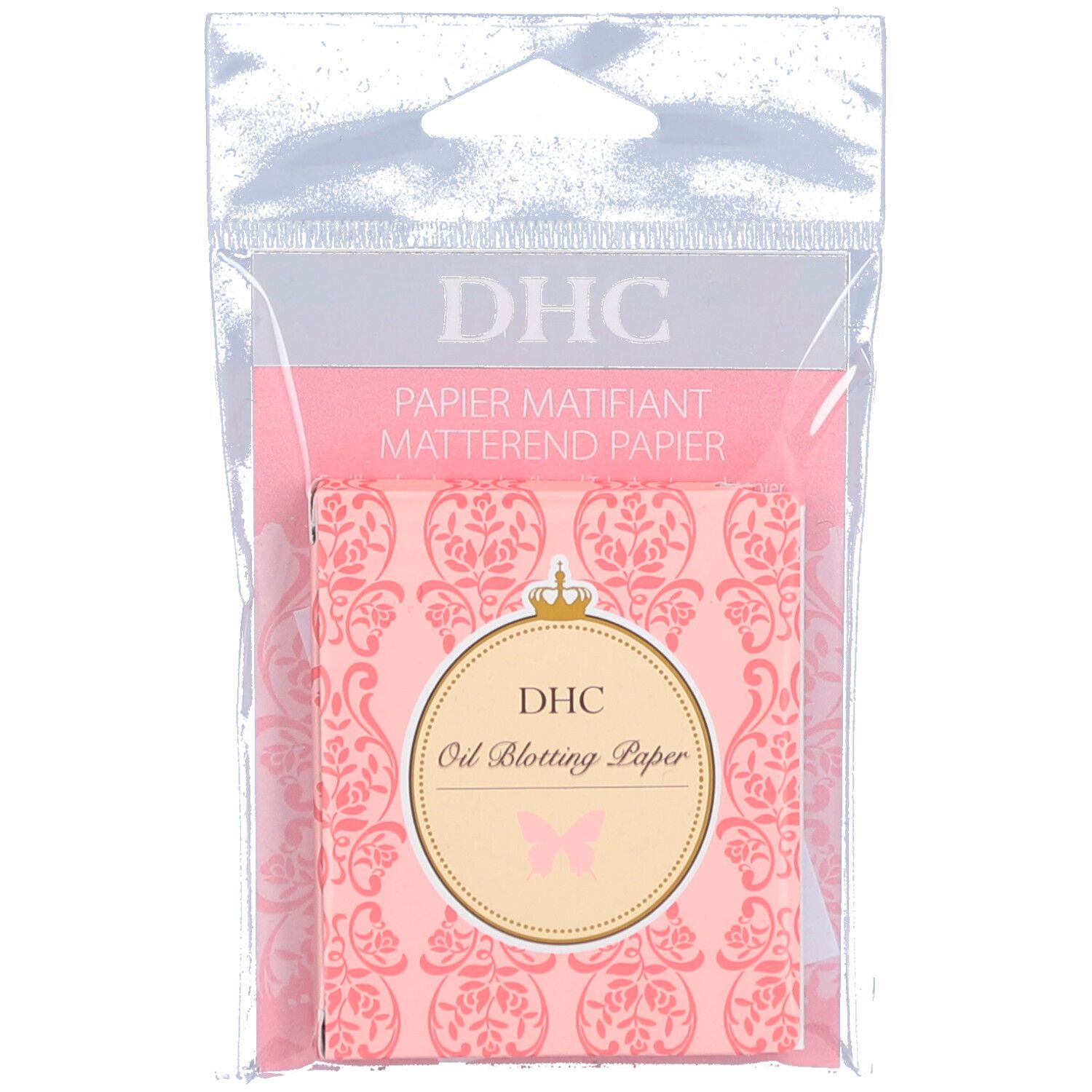 Verpakking met DHC blotting paper. Roze patroon met tekst en logo. Transparante plastic verpakking.