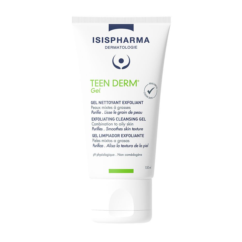 Witte tube met groene en blauwe opdruk. Tekst: ISISPHARMA, Teen Derm Gel, Exfoliating Cleansing Gel. Groen logo.