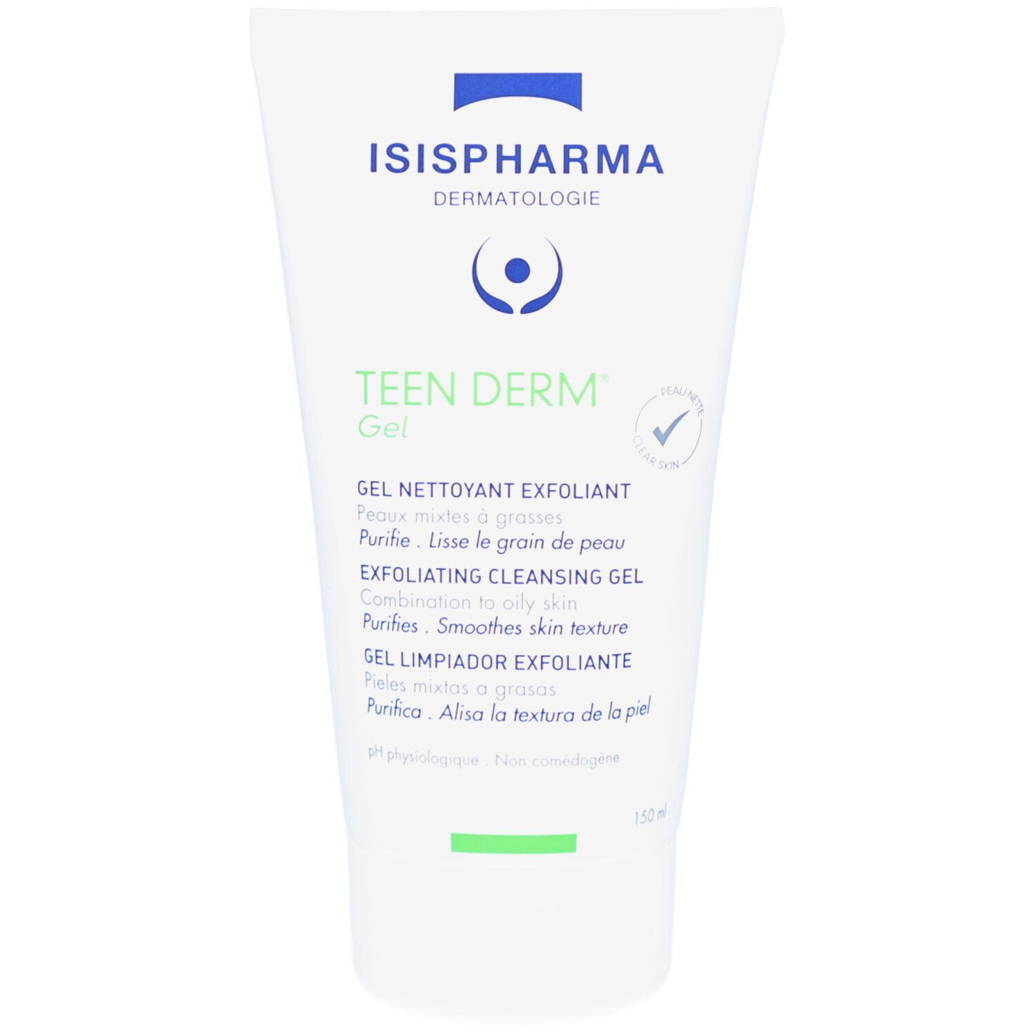 Witte tube met groene en blauwe opdruk. Tekst: ISISPHARMA, Teen Derm Gel, Exfoliating Cleansing Gel. Groen logo.