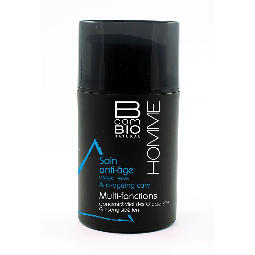 Zwarte fles met dop. Opschrift: B COM BIO HOMME, Soin anti-âge, Multi-actions. Blauwe accenten.