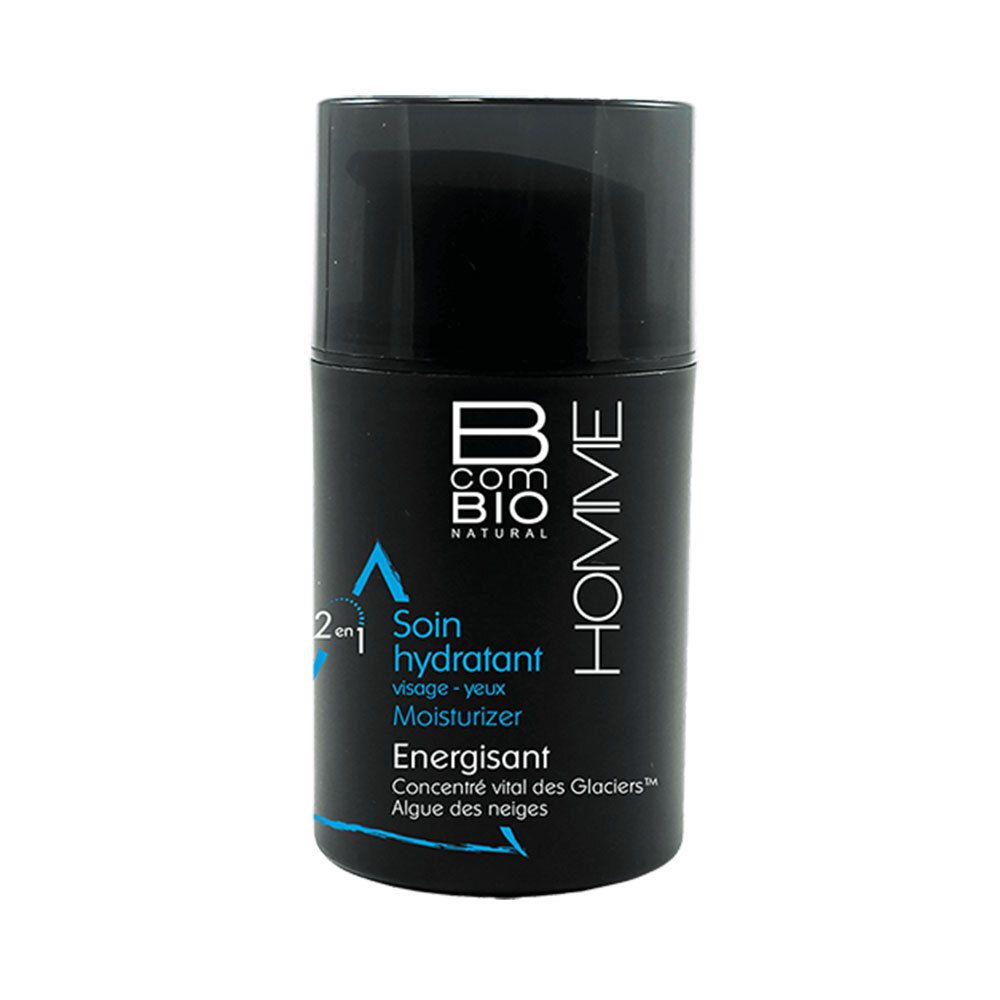 Zwarte cilindrische fles met blauwe en witte tekst. Bevat een gezichtsverzorgingsproduct. Dop bovenop.