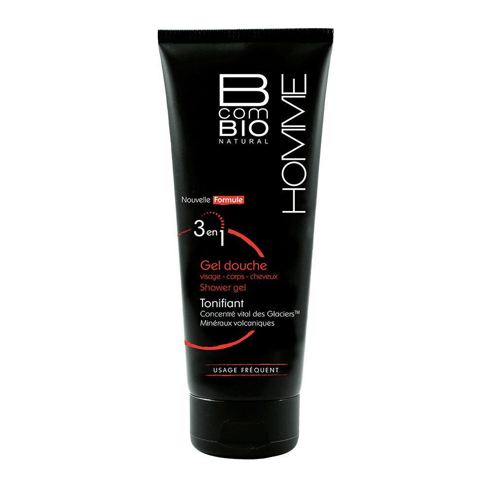 Tube noir. Inscription: B COM BIO NATURAL, HOMME, 3 en 1, Gel douche, Tonnifiant. Écriture rouge et blanche.