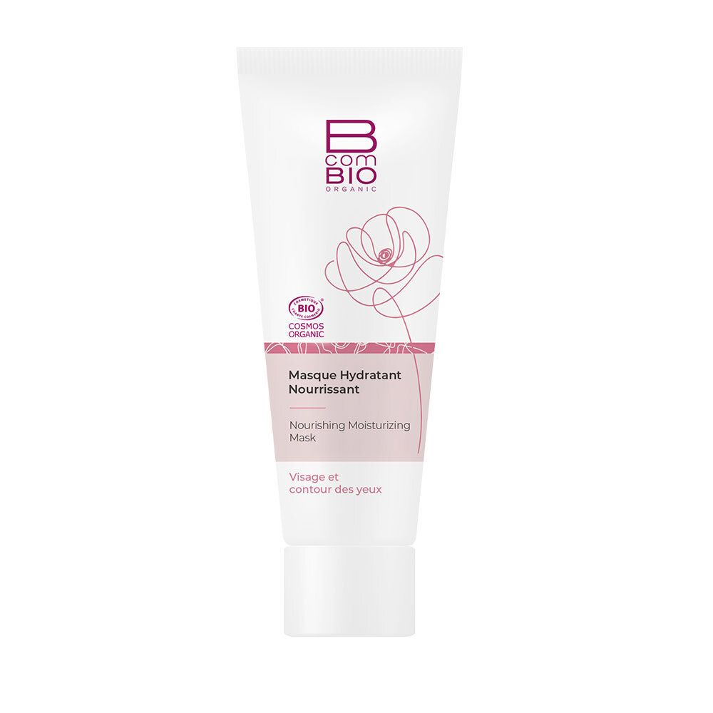 Witte tube met roze opdruk. Logo: B com bio organic. Tekst: Masque Hydratant Nourrissant. Bio-certificering.