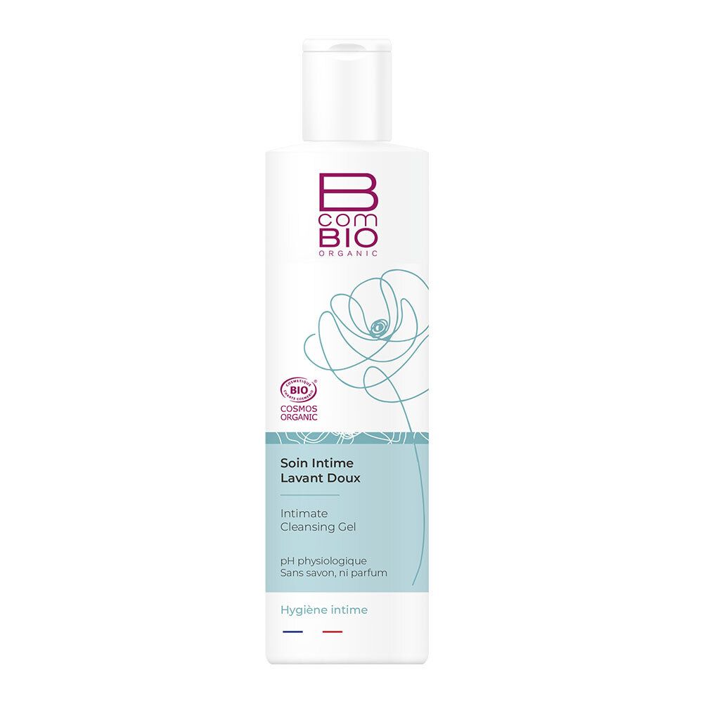 Witte fles met Bcom Bio-logo en productaanduiding. Bevat een biologisch certificeringslogo. Tekst: Soin Intime, Lavant Doux.