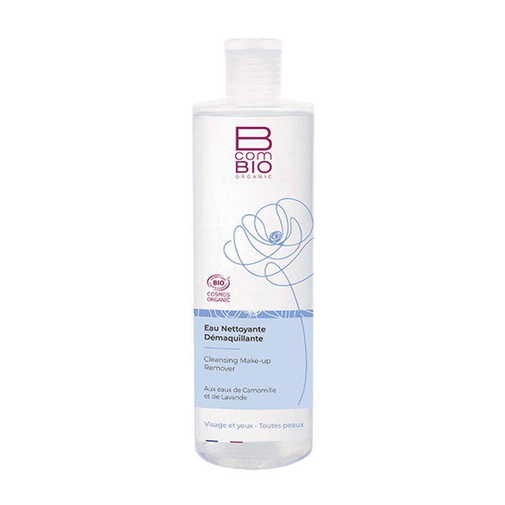 Transparante fles met witte dop. Opschrift: B COM BIO ORGANIC. Productnaam: Eau nettoyante démaquillante. Bio-certificering.