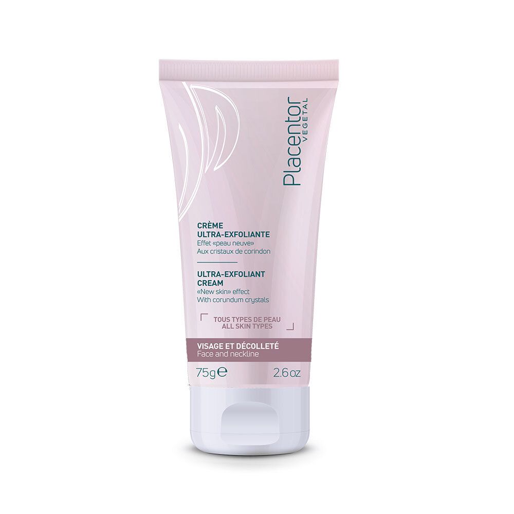 Roze tube met witte dop. Tekst: Placentor Vegetal, Crème Ultra-Exfoliante, 75g, 2.6oz. Voor alle huidtypen.