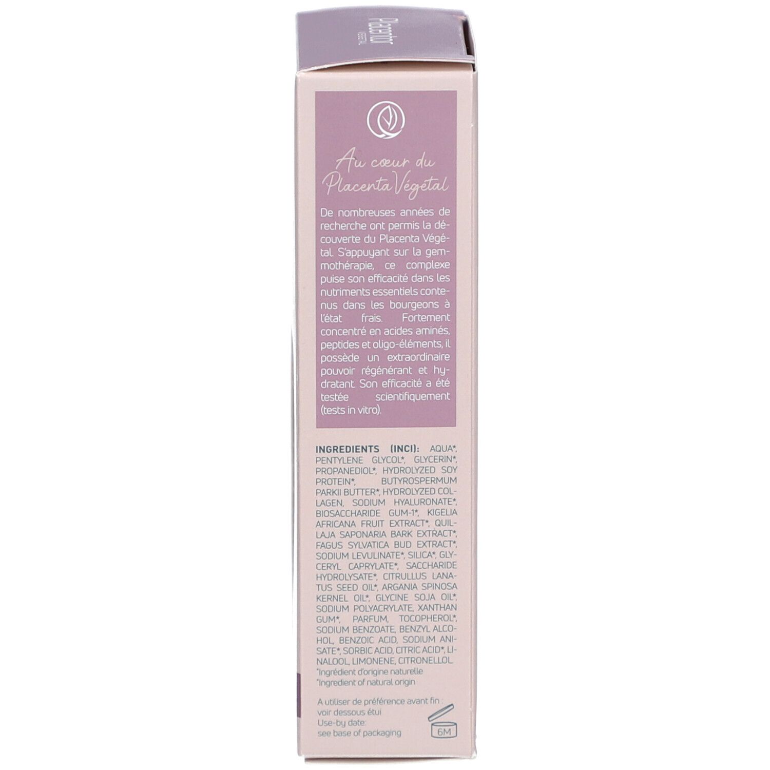 Vue détaillée de la boîte. Texte : Ingrédients. Liste des ingrédients du produit.