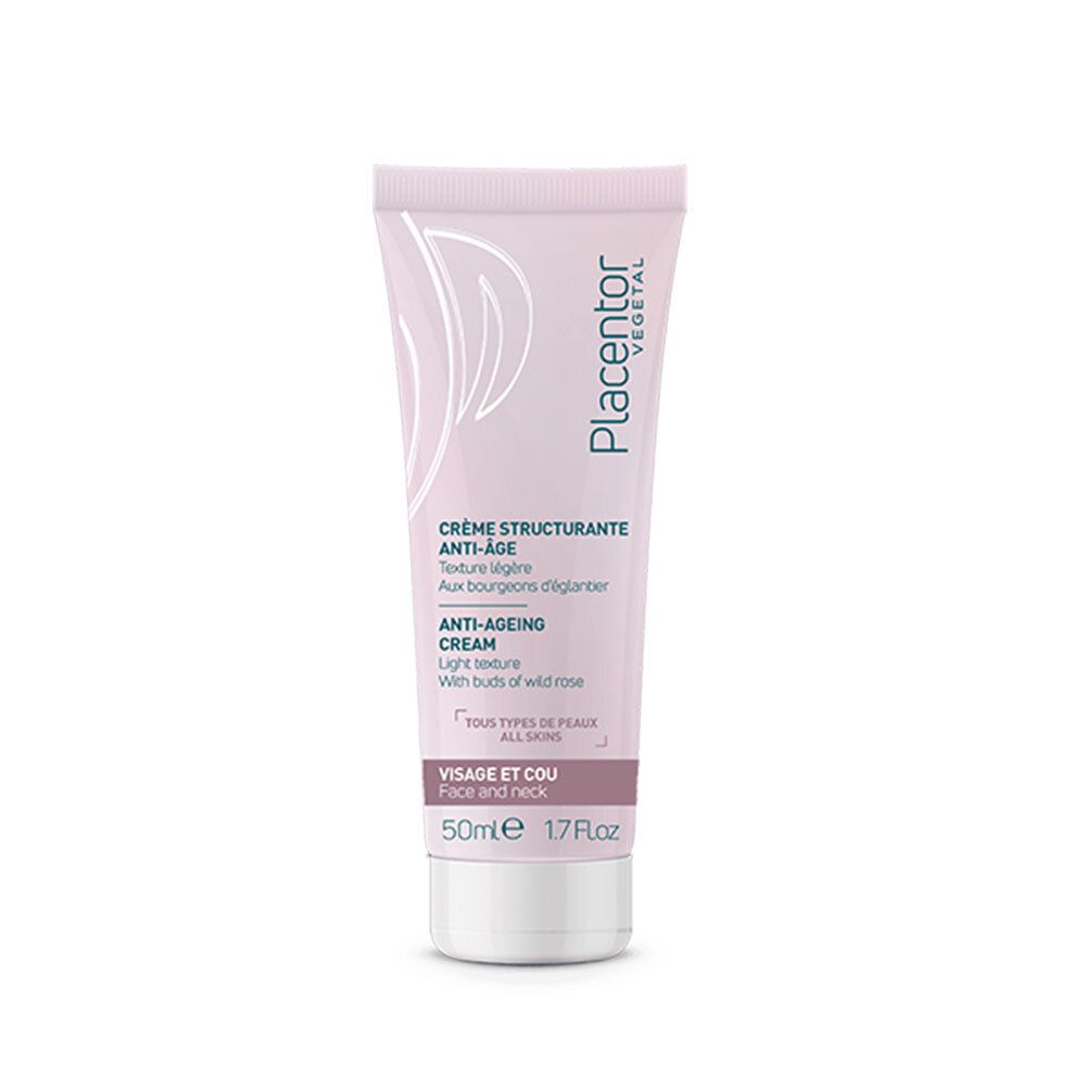 Roze tube met witte dop. Tekst: Crème Structurante Anti-Âge, Anti-Ageing Cream. Voor gezicht en hals. Merk: Placentor Vegetal.