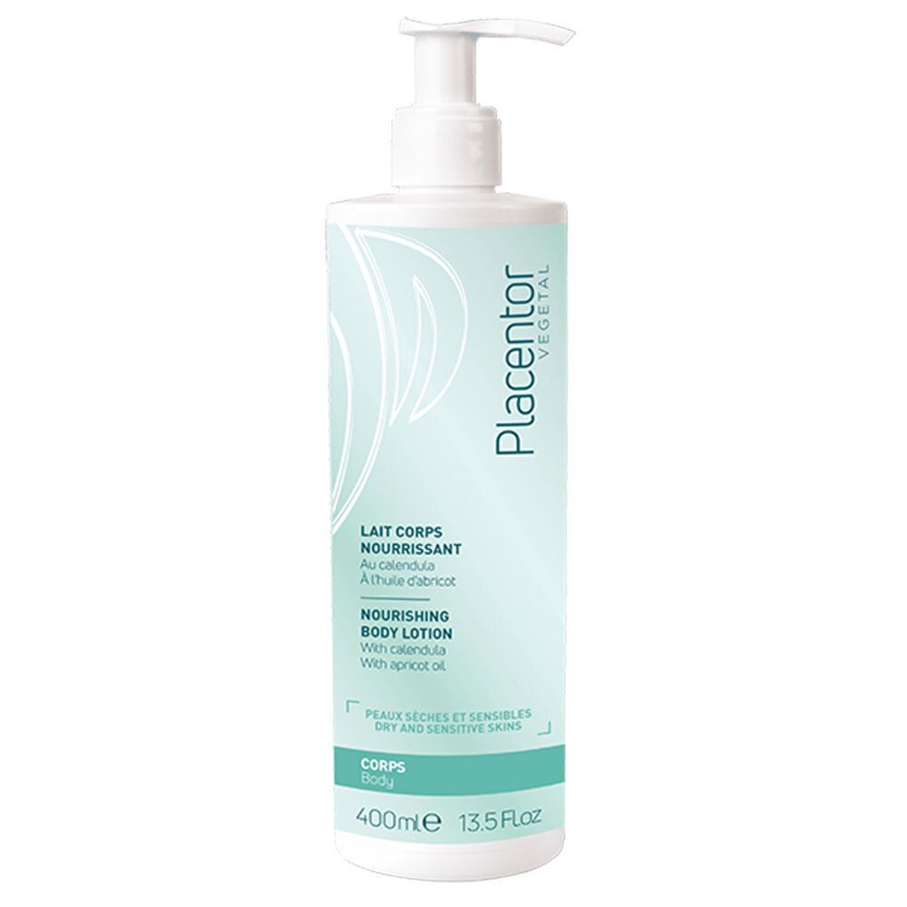 Fles lotion met witte pomp. Turquoise en wit etiket. Tekst: Lait Corps Nourrissant, 400ml, 13.5 Fl Oz.