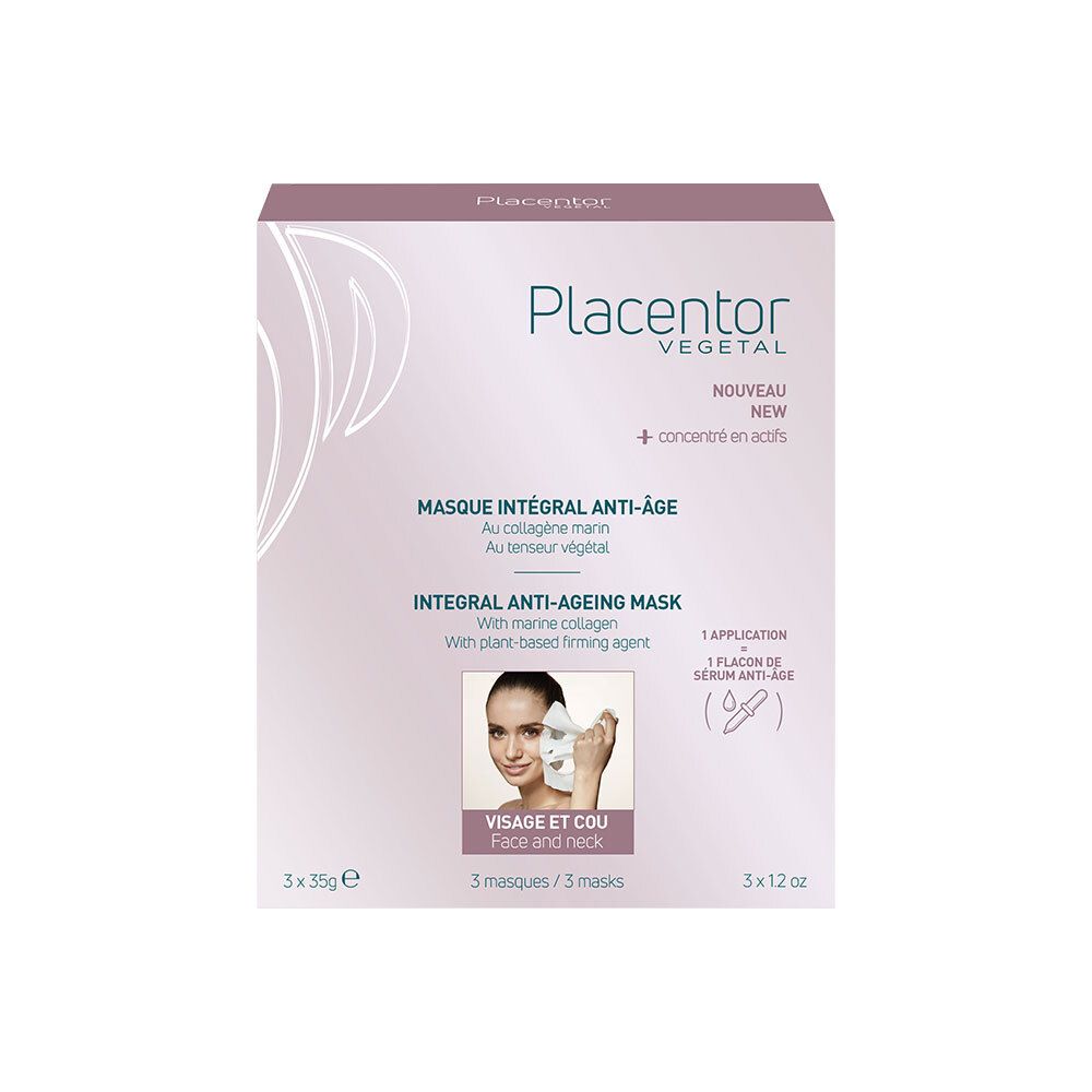 Boîte Placentor Vegetal. Masque intégral anti-âge. Texte en français et anglais. Image d'une femme appliquant un masque.