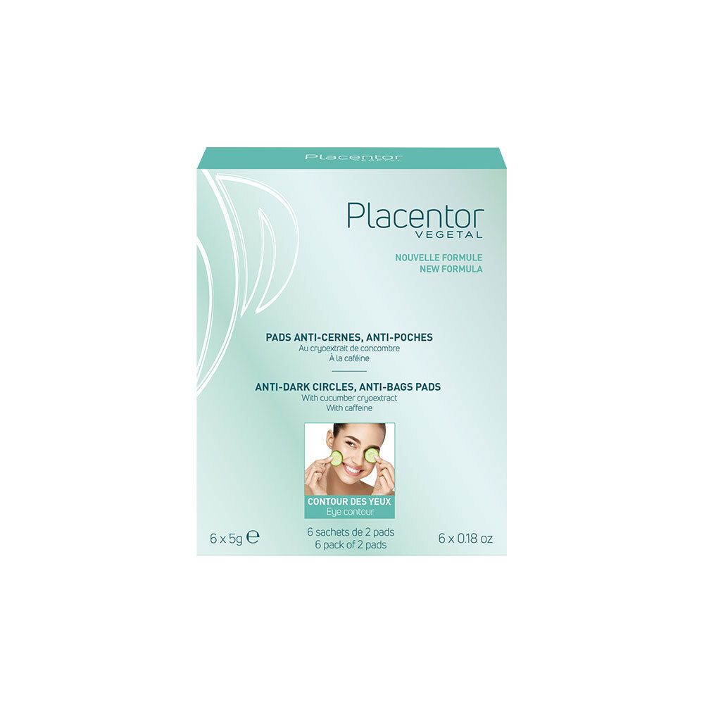 Turquoise doos. Opschrift: PLACENTOR VÉGÉTAL, Pads Anti-Cernes, Anti-Poches. Afbeelding: vrouw met pads onder ogen. 6 x 5g.