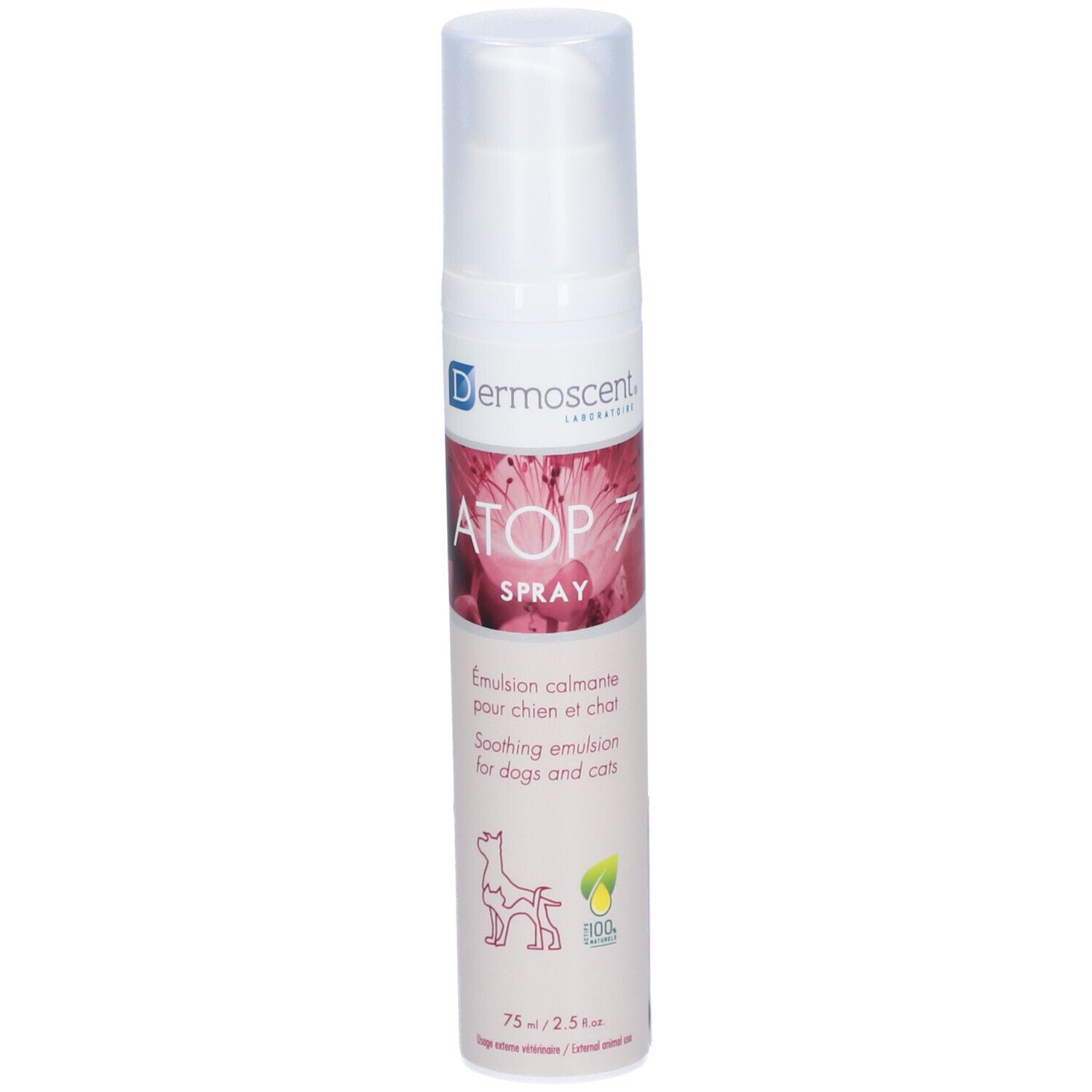 Spray blanc avec étiquette rose. Inscription : ATOP 7 SPRAY, émulsion apaisante pour chiens et chats. 75 ml.