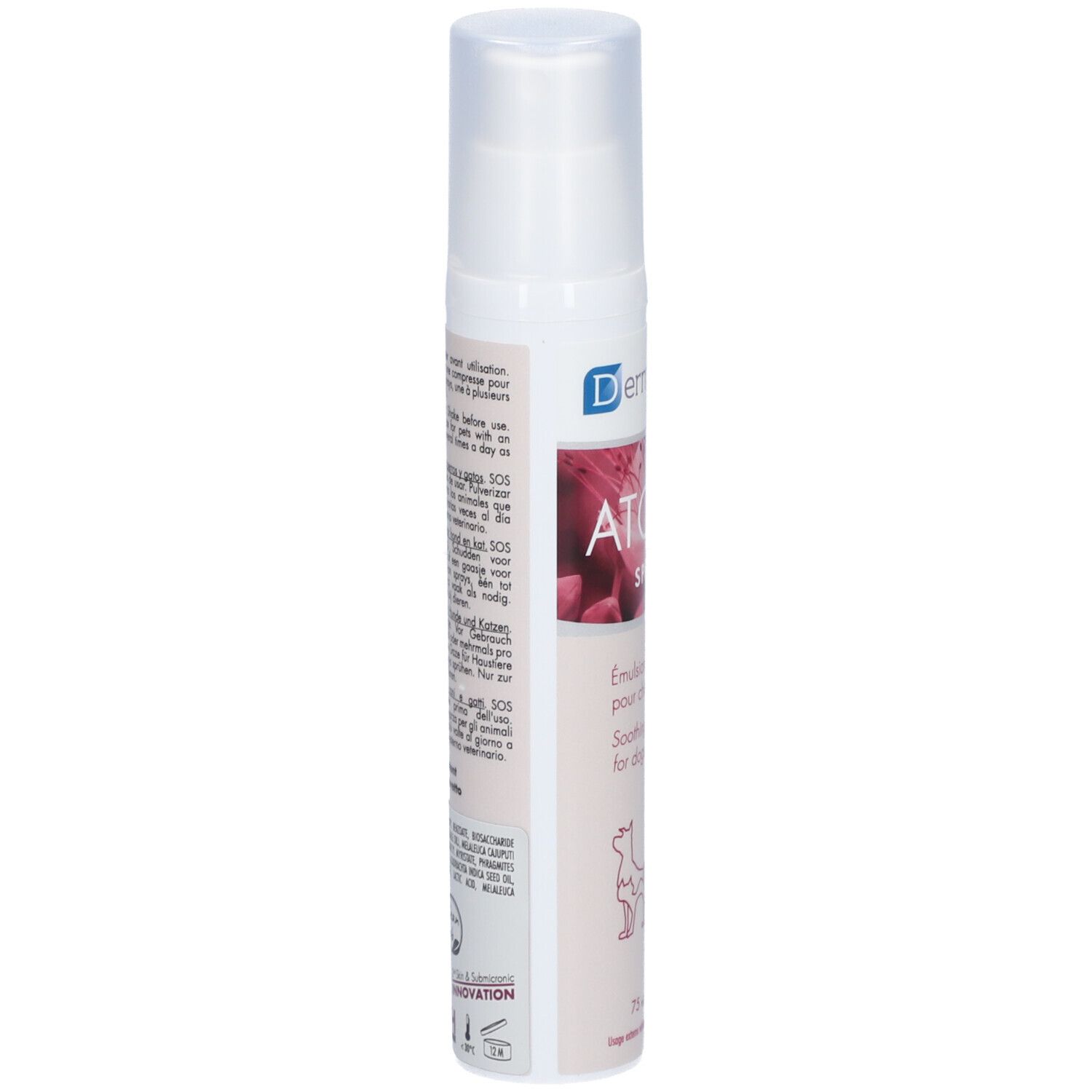 Spray blanc avec étiquette rose. Texte en français, anglais, allemand, néerlandais. Contient des informations d'utilisation.
