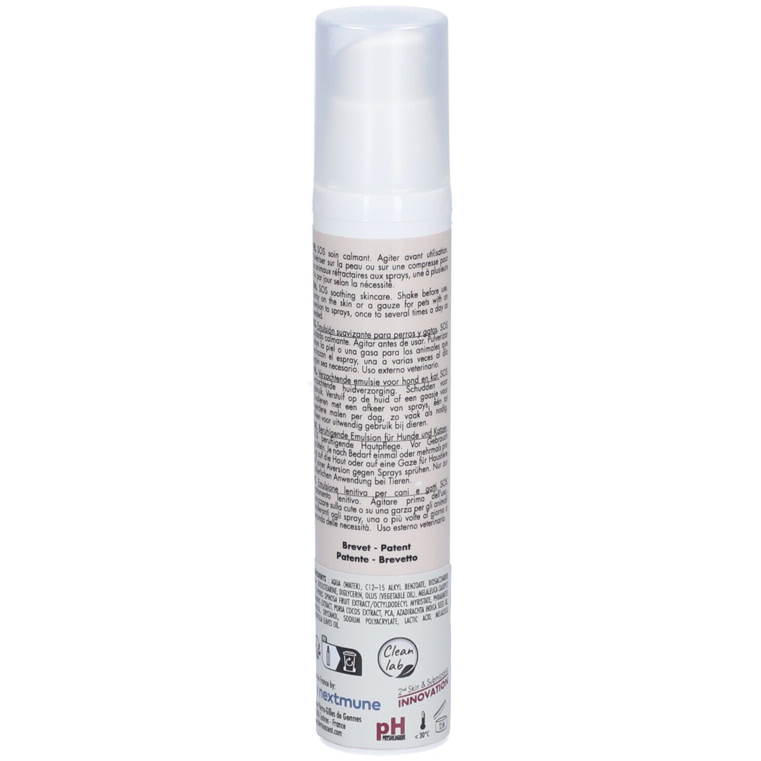 Spray blanc avec étiquette rose. Texte en français, anglais, allemand, néerlandais. Contient des informations d'utilisation.