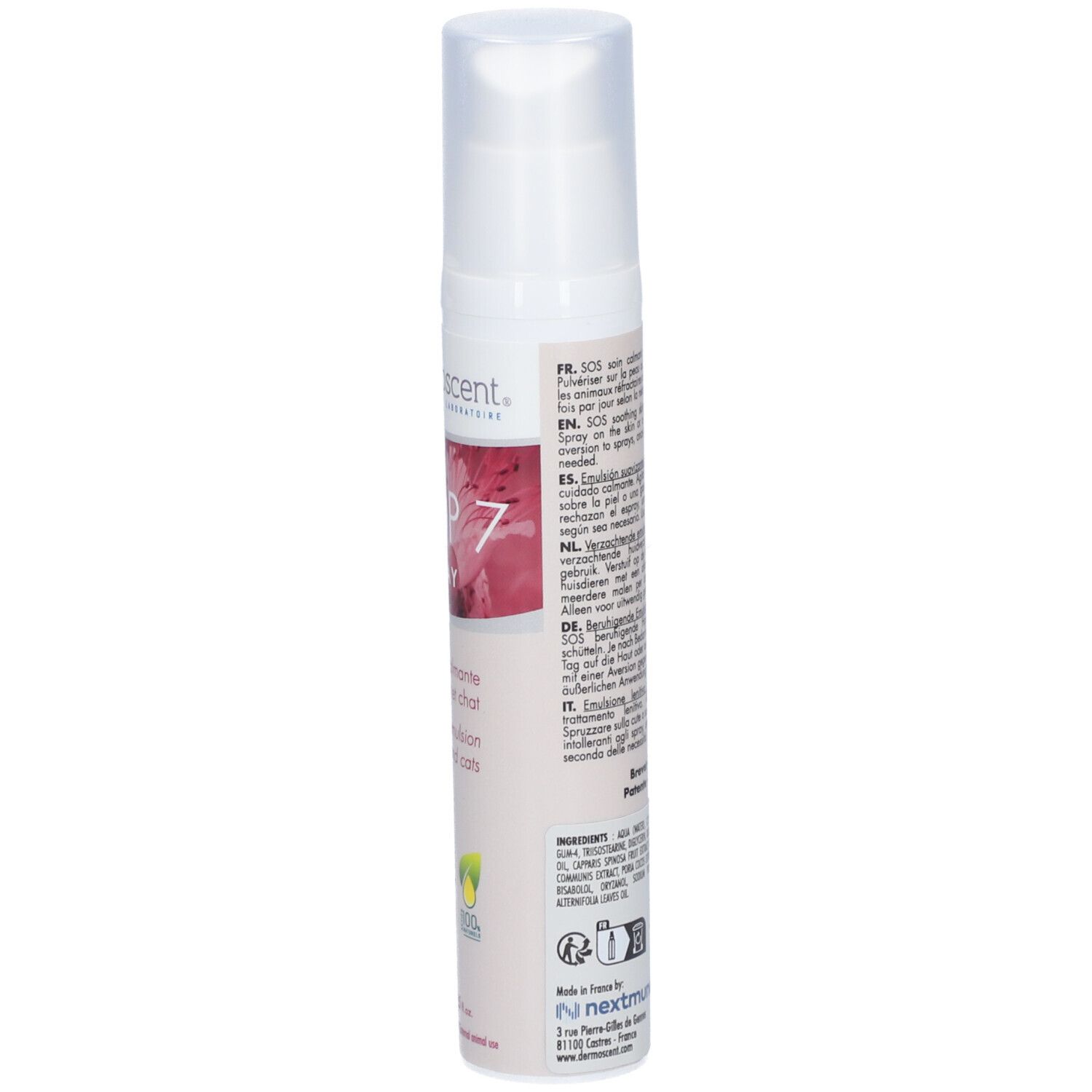 Spray blanc avec étiquette rose. Texte en français, anglais, allemand, néerlandais. Contient des informations d'utilisation.